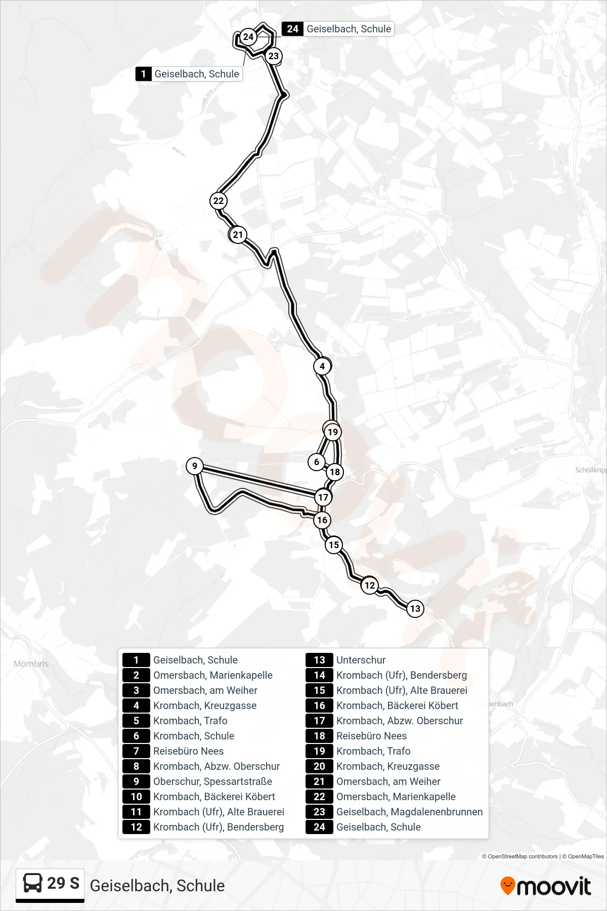 29 S bus Line (Geiselbach, Schule) route and stops on a map