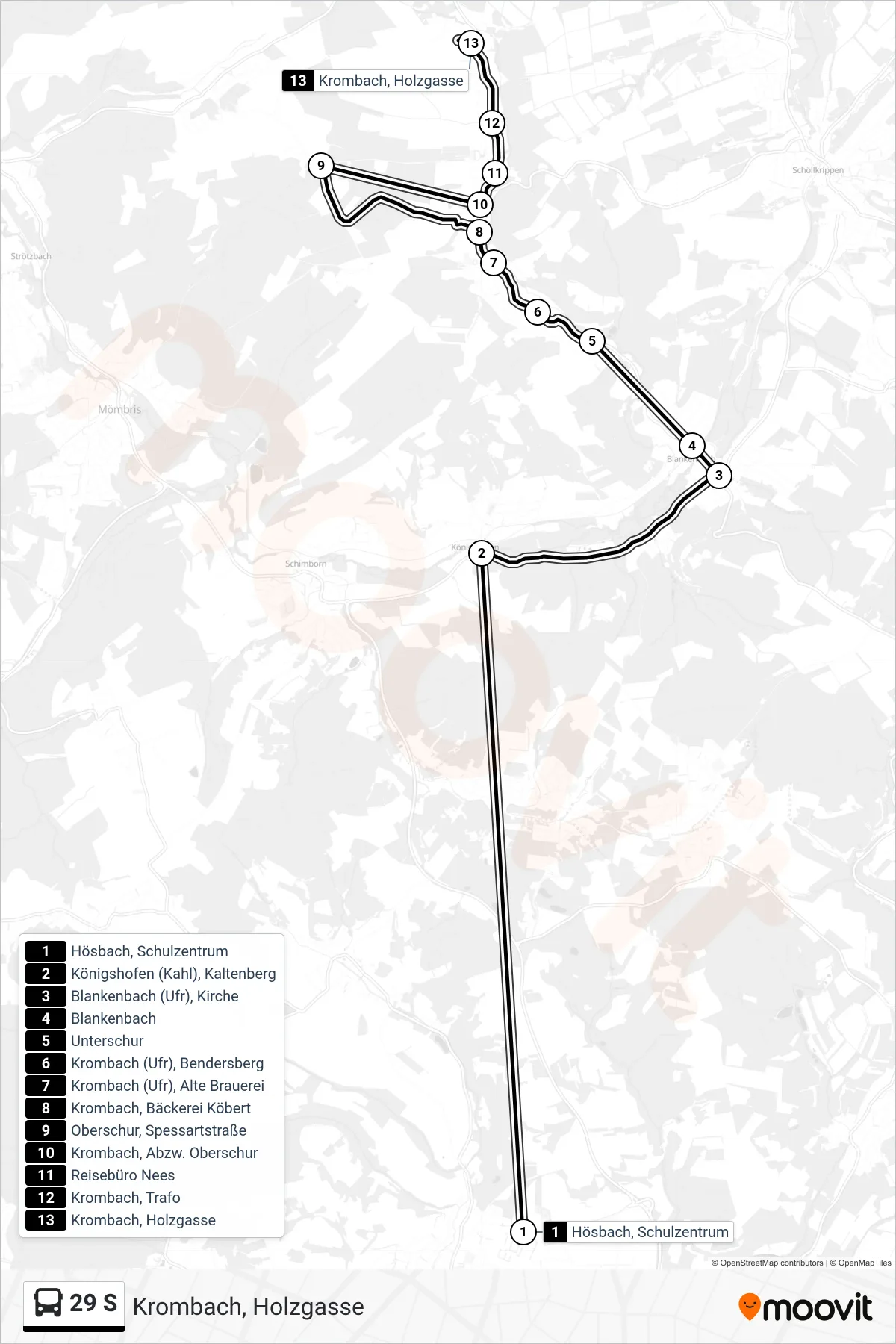 29 S bus Line (Krombach, Holzgasse) route and stops on a map