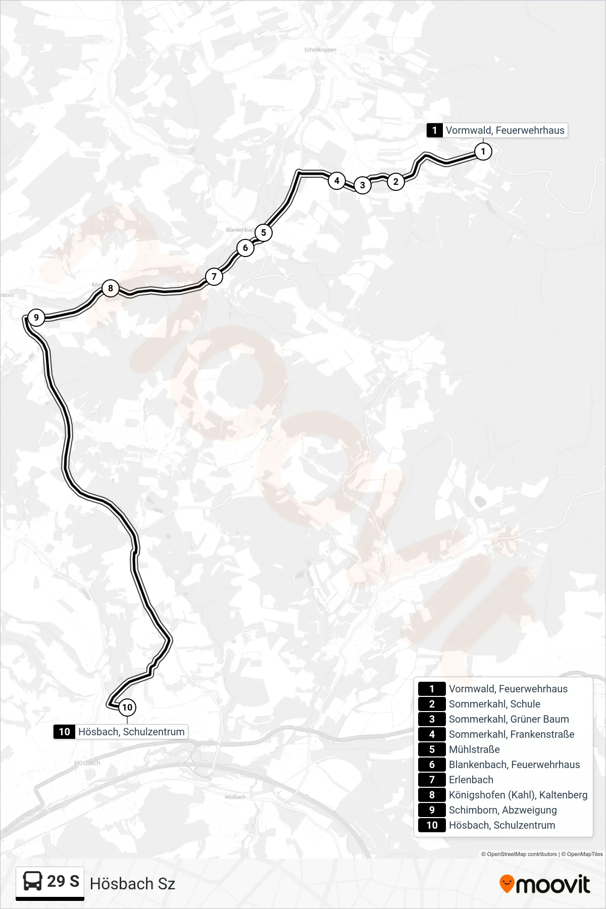 29 S bus Line (Hösbach Sz) route and stops on a map