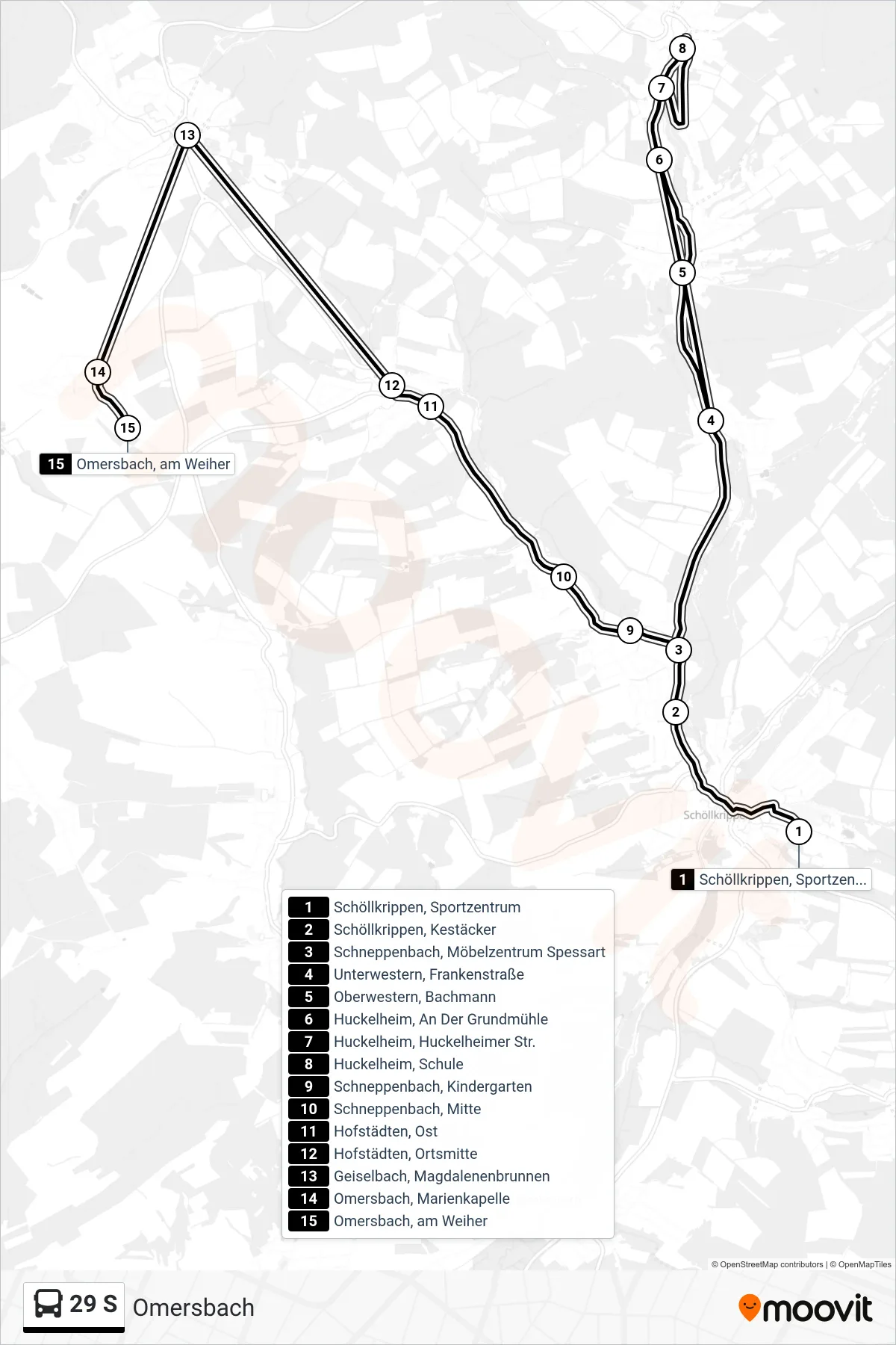 29 S bus Line (Omersbach) route and stops on a map