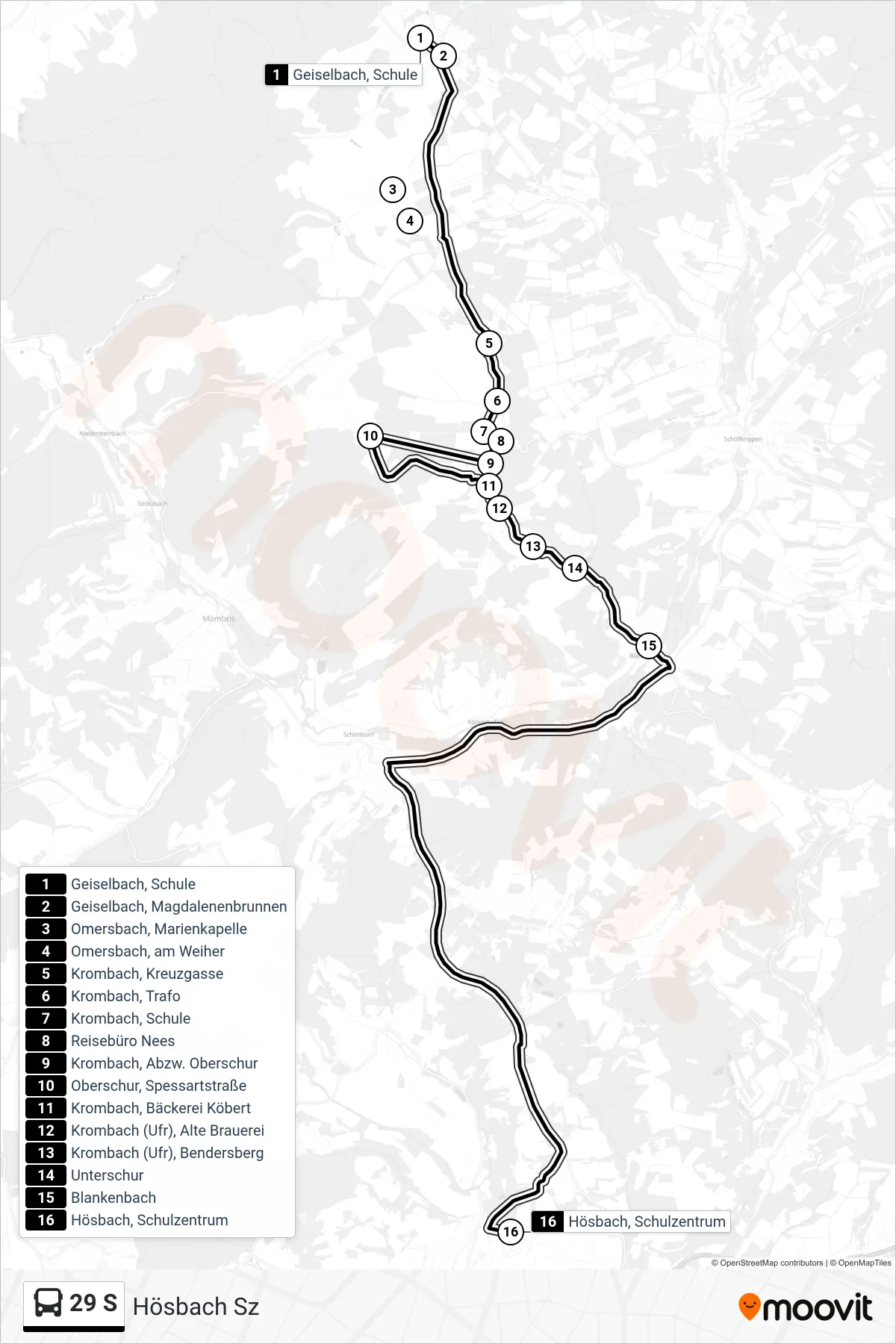 29 S bus Line (Hösbach Sz) route and stops on a map
