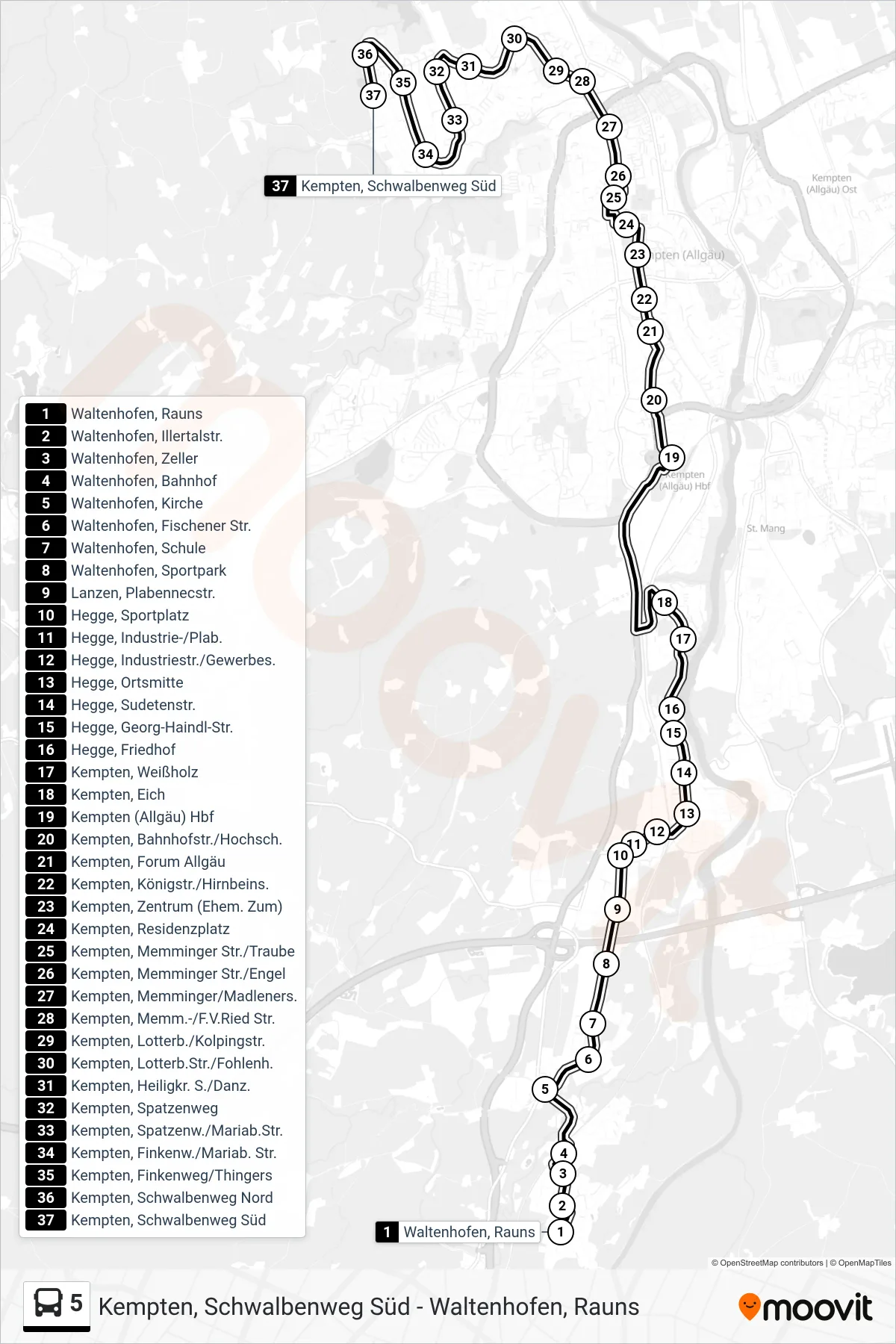 5 bus Line (Kempten, Schwalbenweg Süd) route and stops on a map