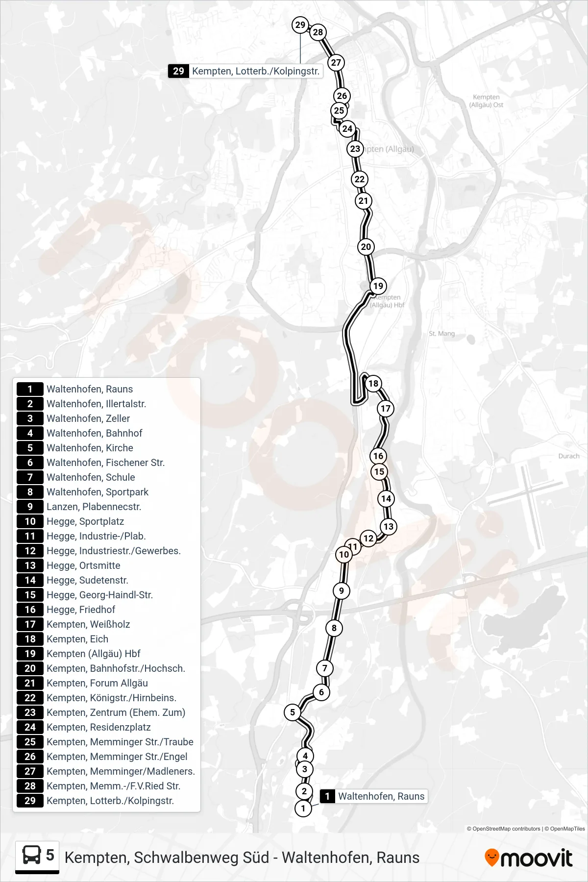 Linie 5 (Bus) Richtung Kempten, Lotterb./Kolpingstr.: Route und Haltestellen auf der Karte