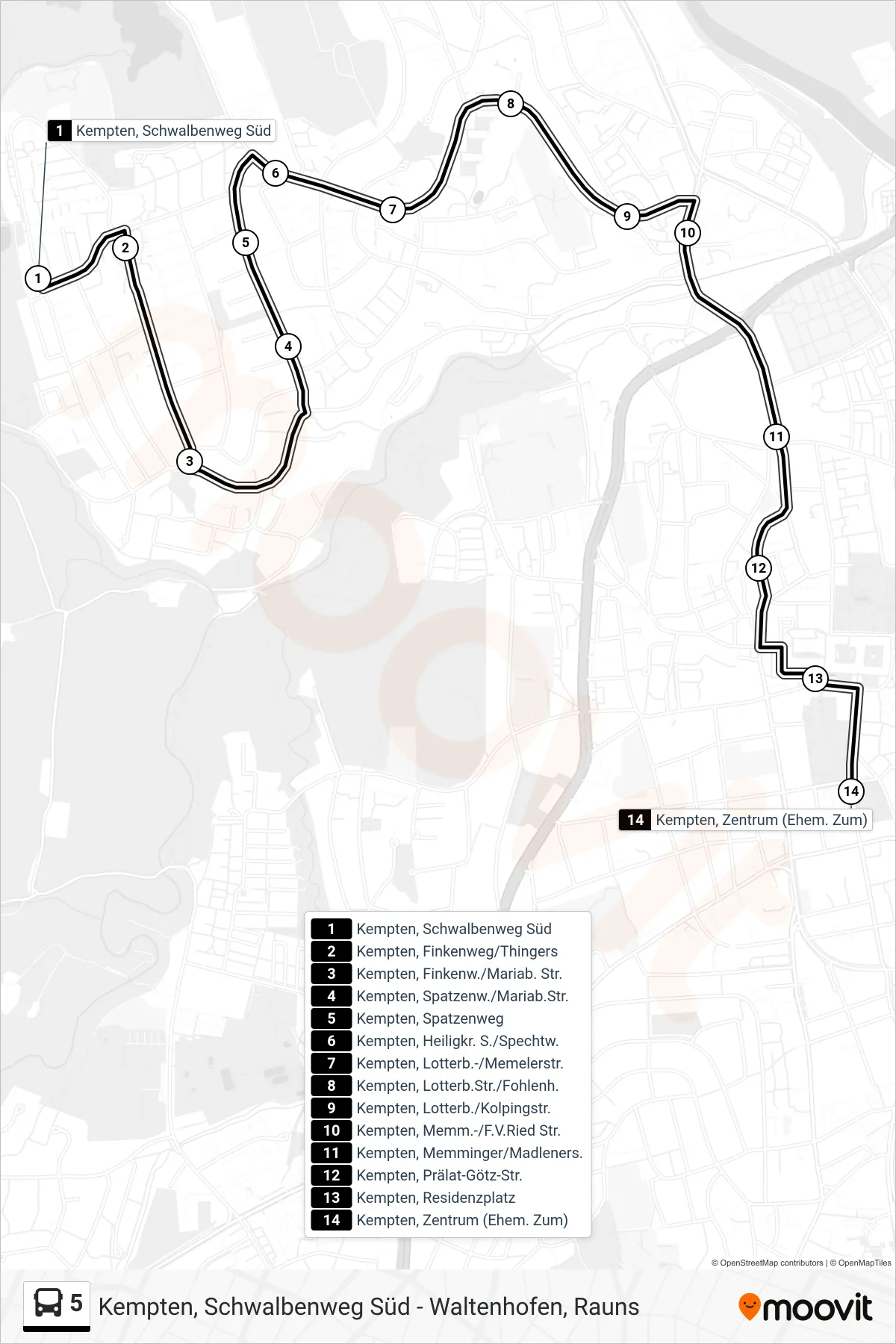 5 bus Line (Kempten, Zentrum (Ehem. Zum)) route and stops on a map