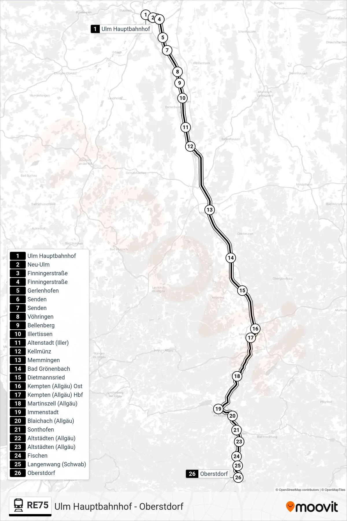RE75 train Line (Oberstdorf) route and stops on a map