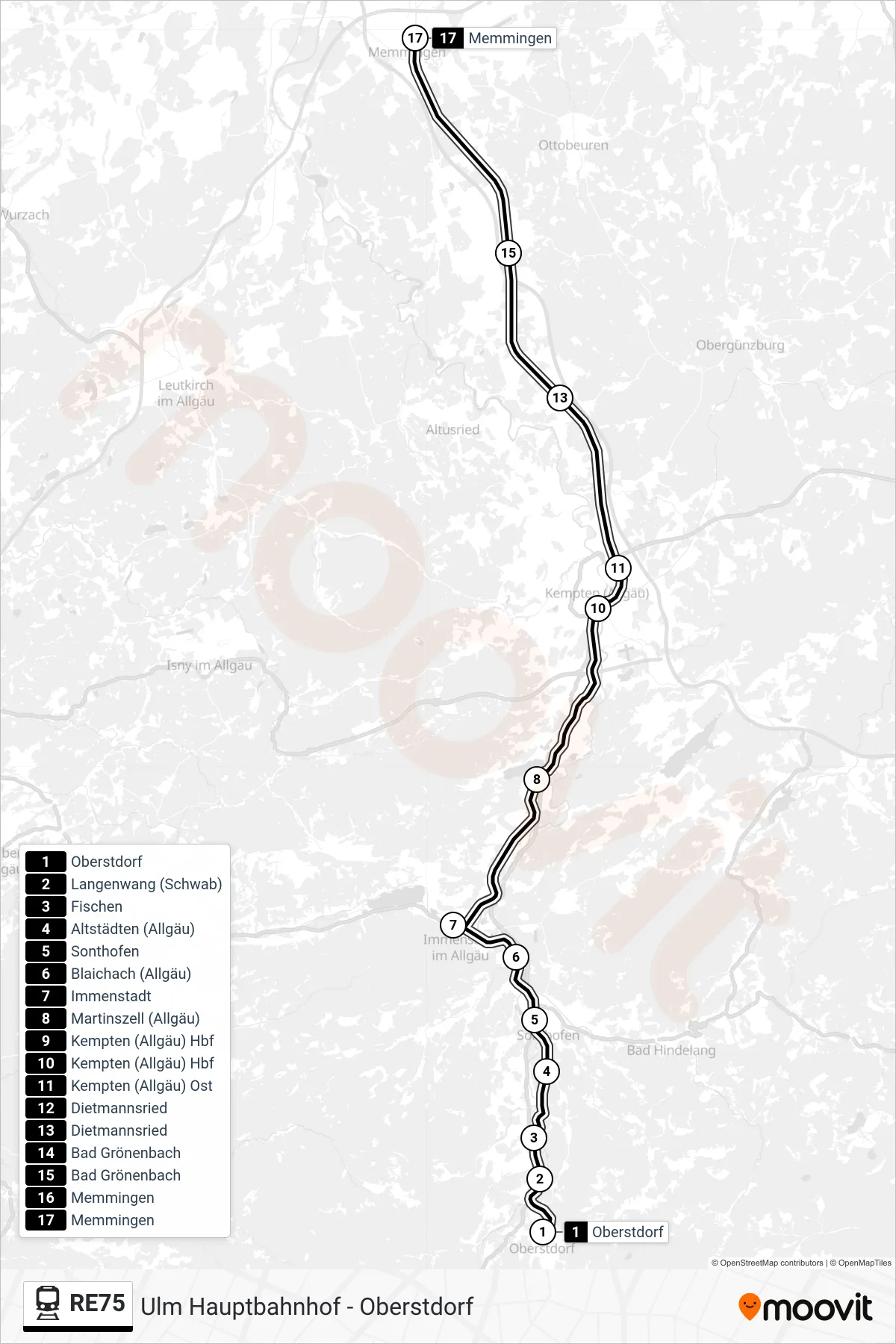 Linie RE75 (Bahn) Richtung Memmingen: Route und Haltestellen auf der Karte