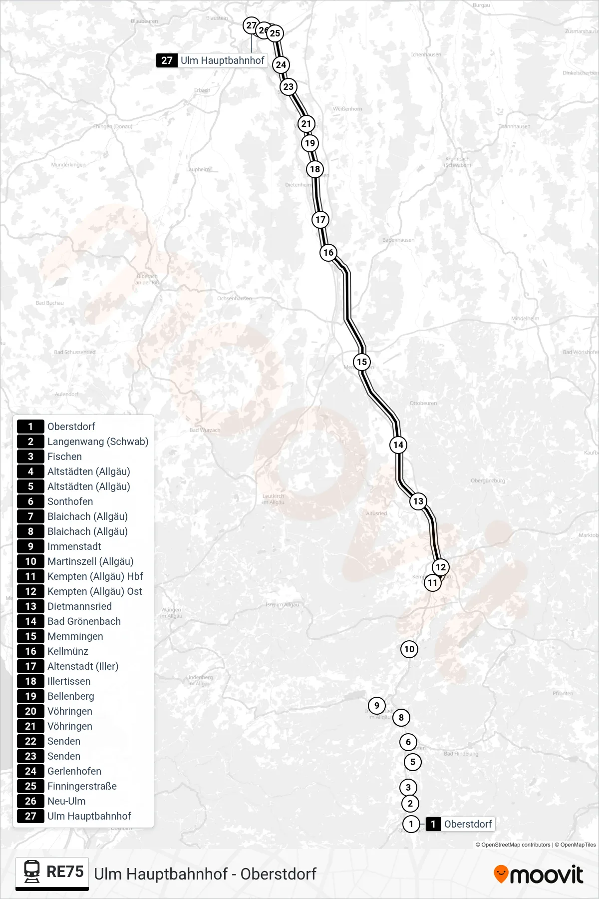 RE75 train Line (Ulm Hauptbahnhof) route and stops on a map