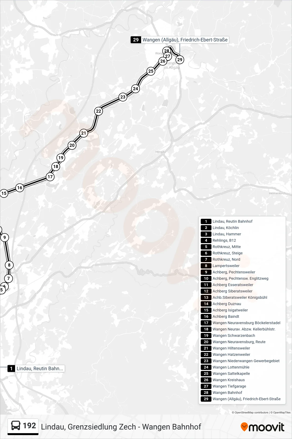 192 bus Line (Wangen (Allgäu), Friedrich-Ebert-Straße) route and stops on a map