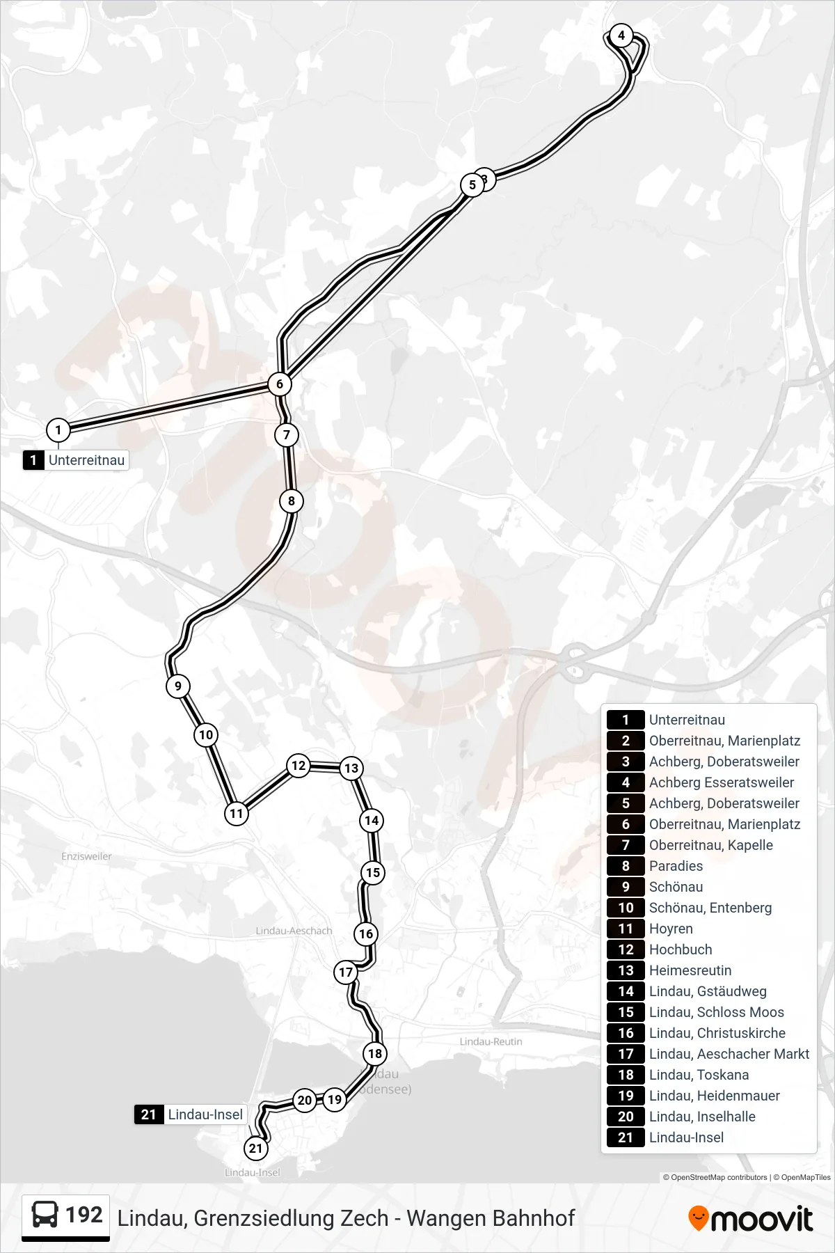 192 bus Line (Lindau-Insel) route and stops on a map