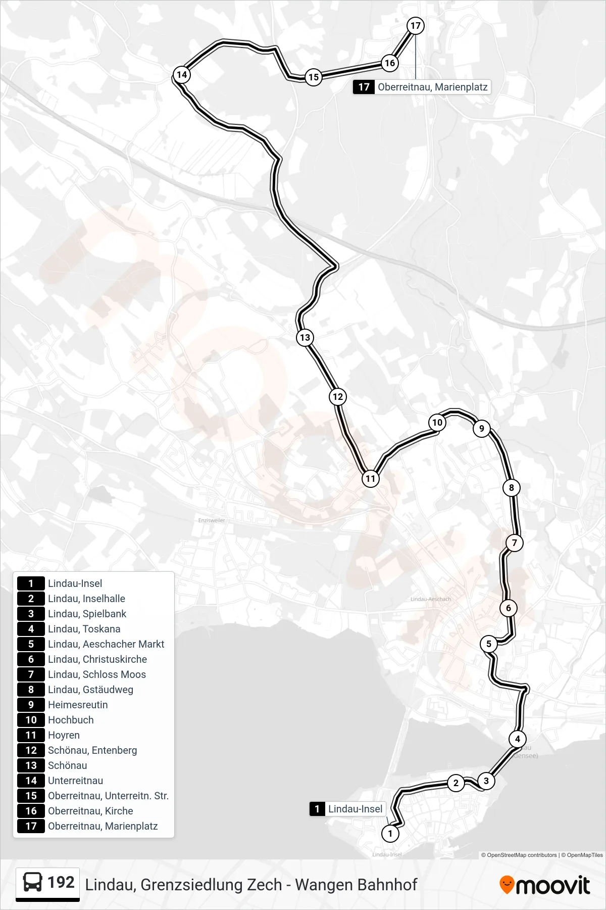 192 bus Line (Oberreitnau, Marienplatz) route and stops on a map
