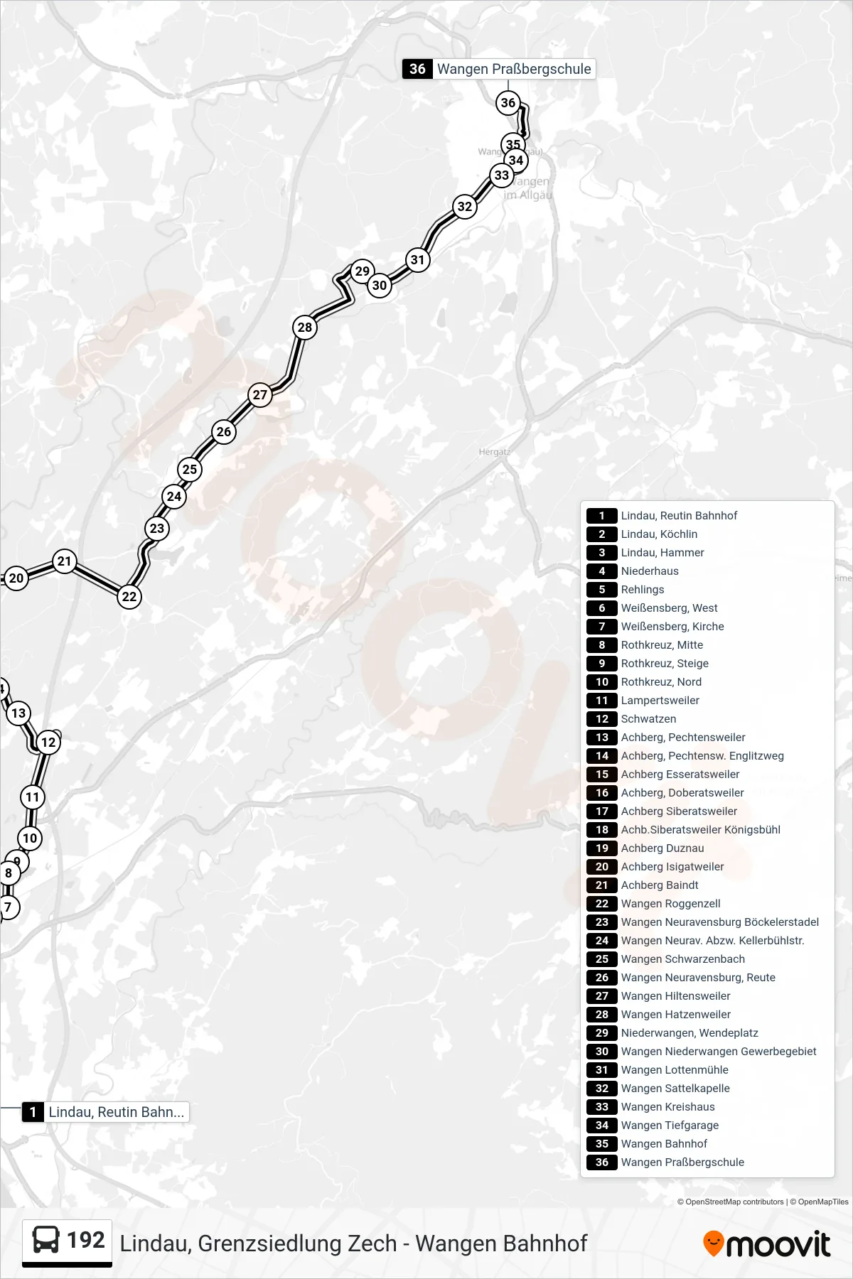 192 bus Line (Wangen Praßbergschule) route and stops on a map