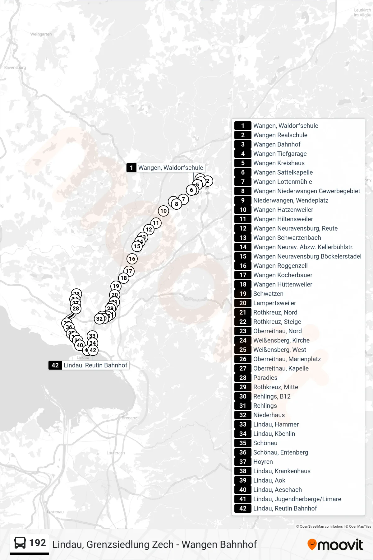 Linie 192 (Bus) Richtung Lindau, Reutin Bahnhof: Route und Haltestellen auf der Karte