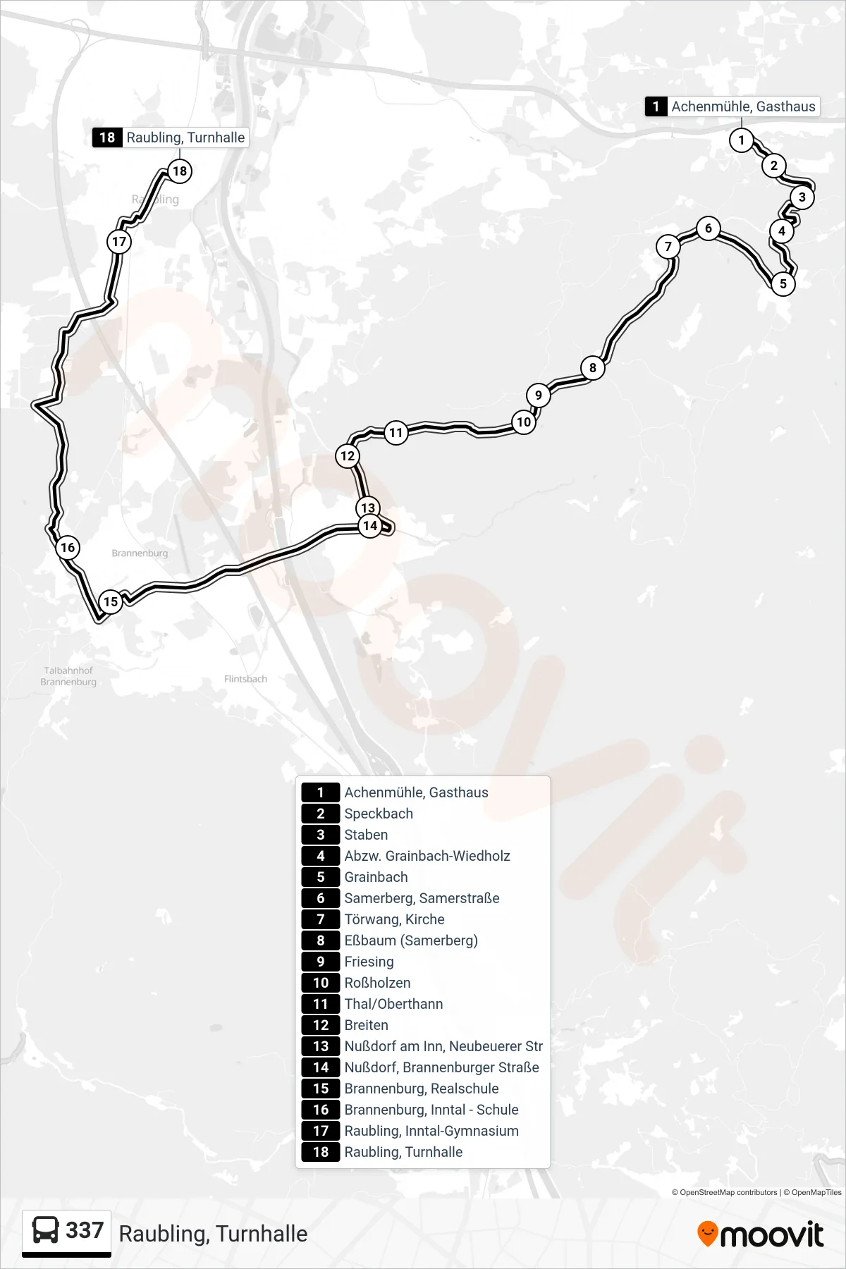 337 bus Line (Raubling, Turnhalle) route and stops on a map