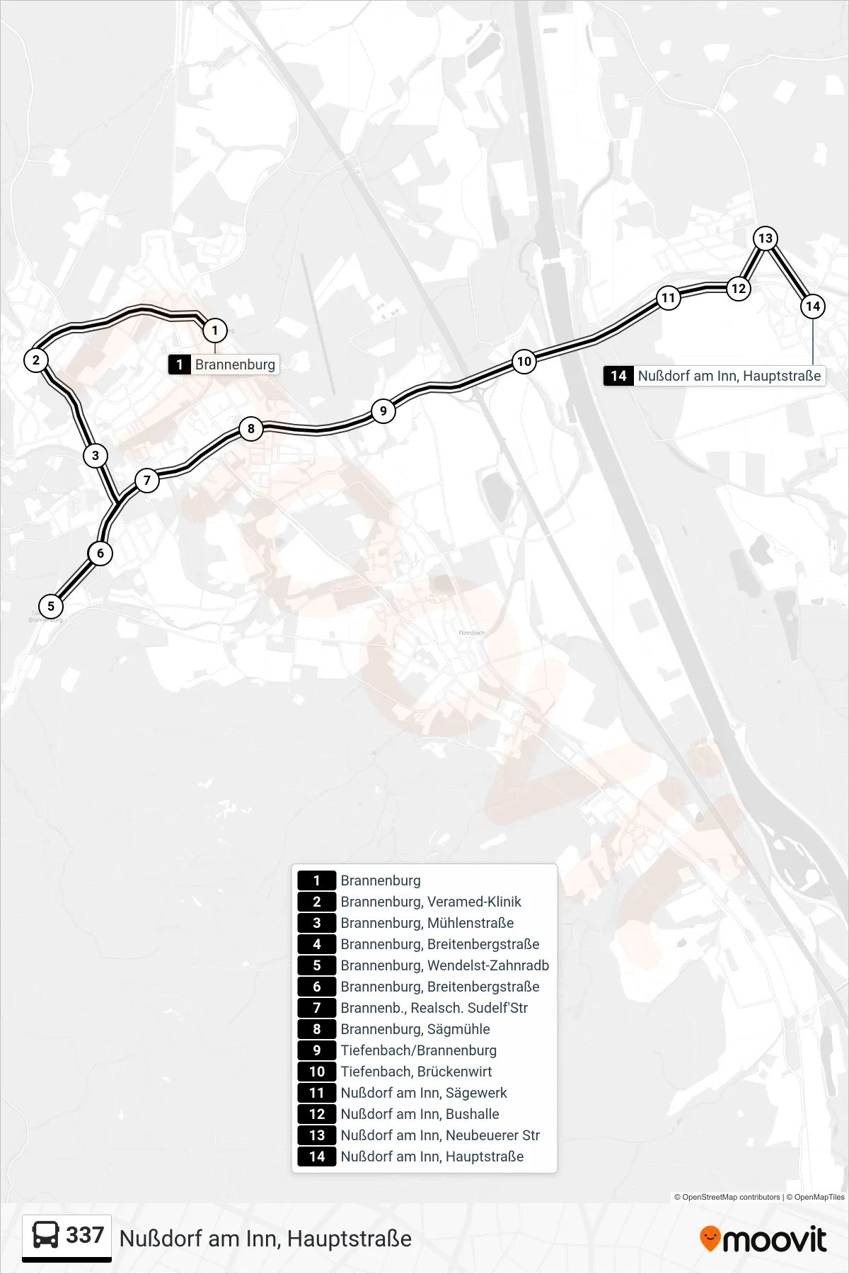 337 bus Line (Nußdorf am Inn, Hauptstraße) route and stops on a map