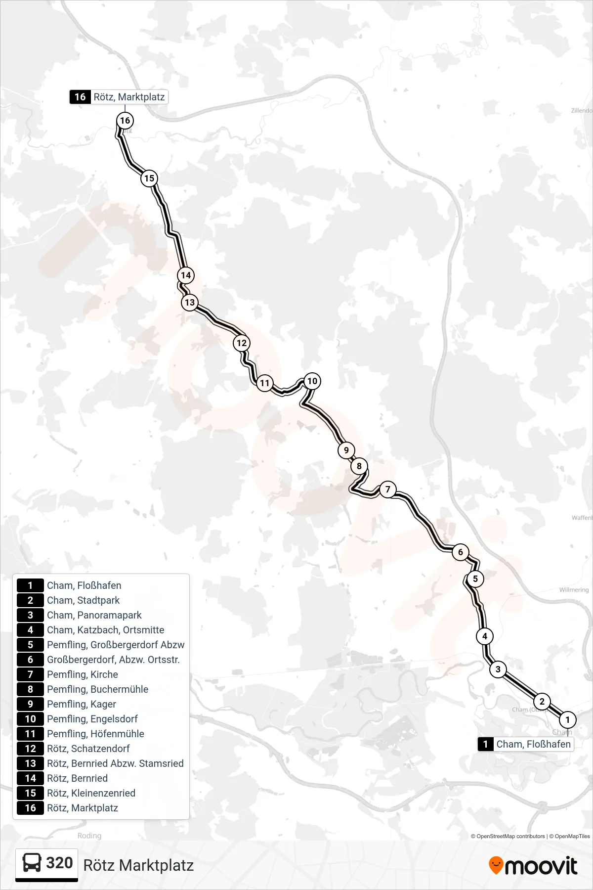 320 bus Line (Rötz Marktplatz) route and stops on a map