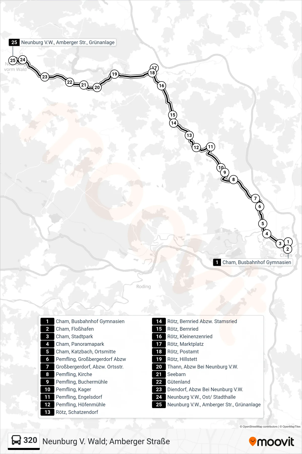 Linie 320 (Bus) Richtung Neunburg V. Wald; Amberger Straße: Route und Haltestellen auf der Karte