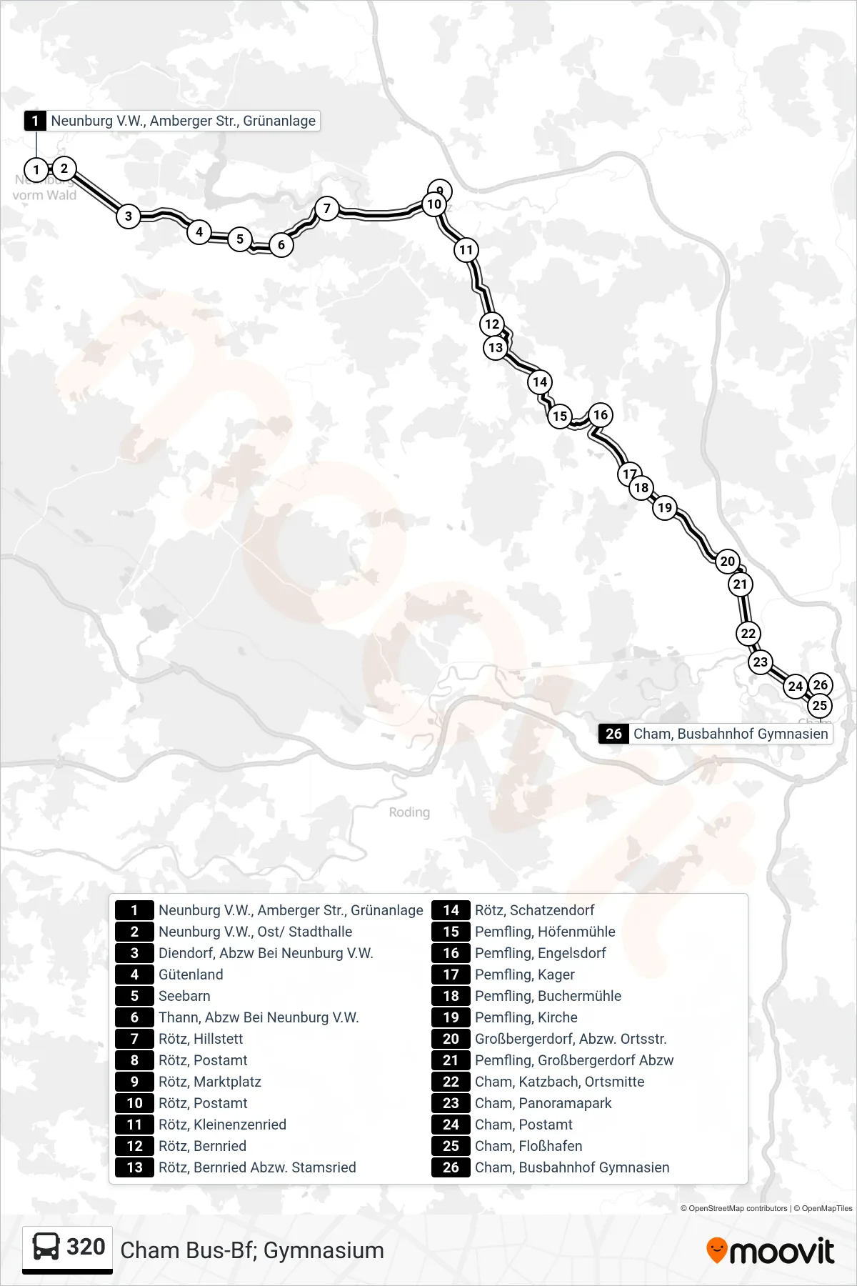 320 bus Line (Cham Bus-Bf; Gymnasium) route and stops on a map