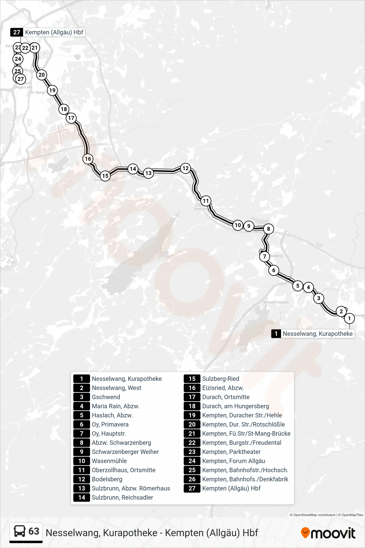 63 bus Line (Kempten (Allgäu) Hbf) route and stops on a map