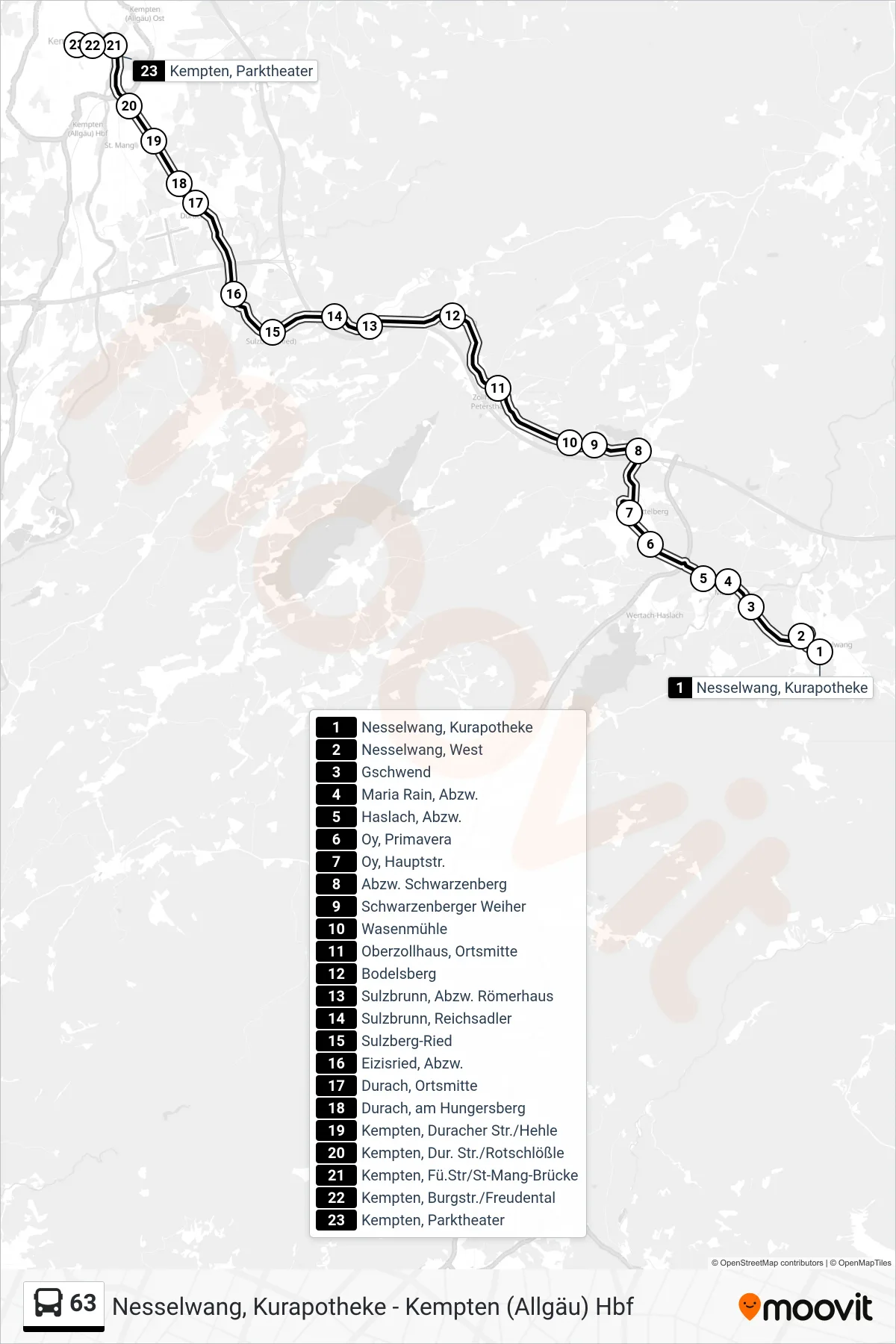 63 bus Line (Kempten, Parktheater) route and stops on a map