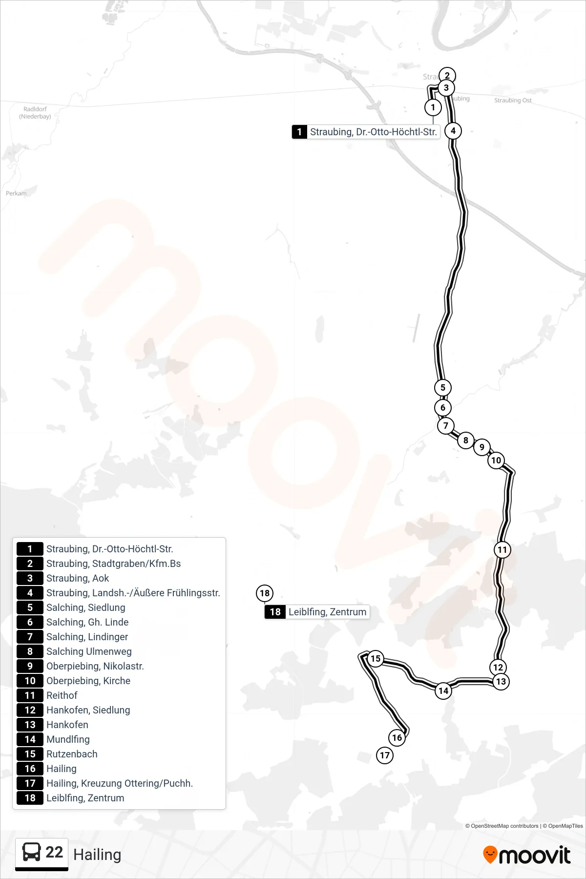 22 bus Line (Hailing) route and stops on a map