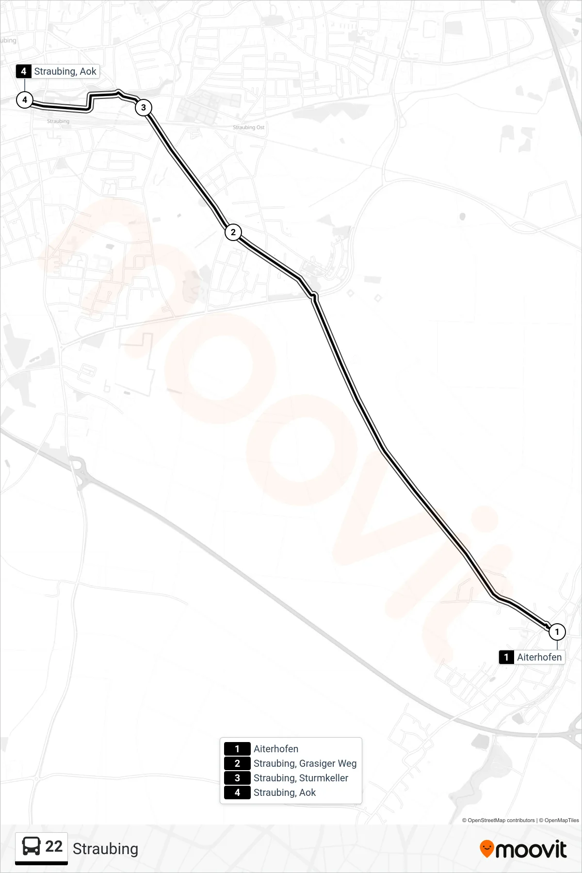 Linie 22 (Bus) Richtung Straubing: Route und Haltestellen auf der Karte