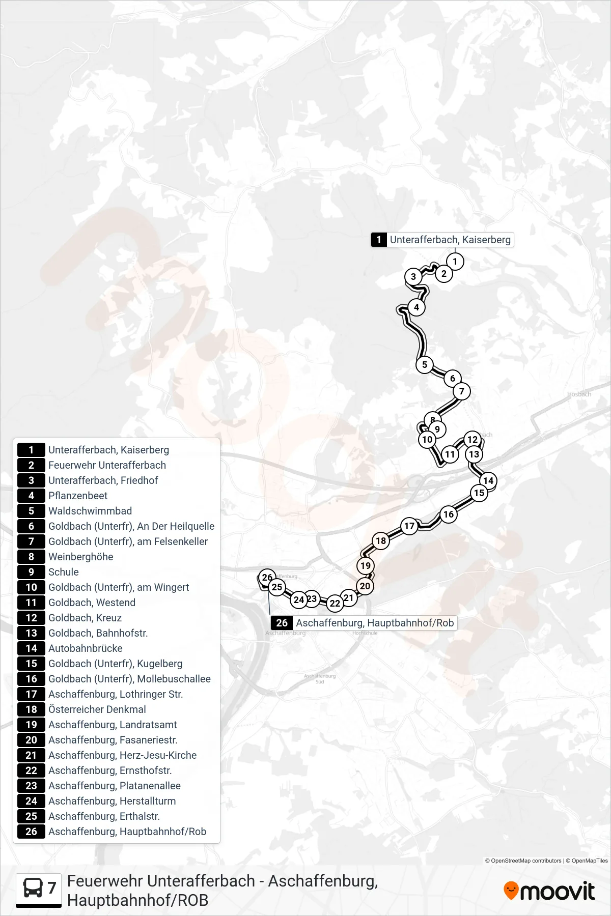 Linie 7 (Bus) Richtung Aschaffenburg, Hauptbahnhof/Rob: Route und Haltestellen auf der Karte