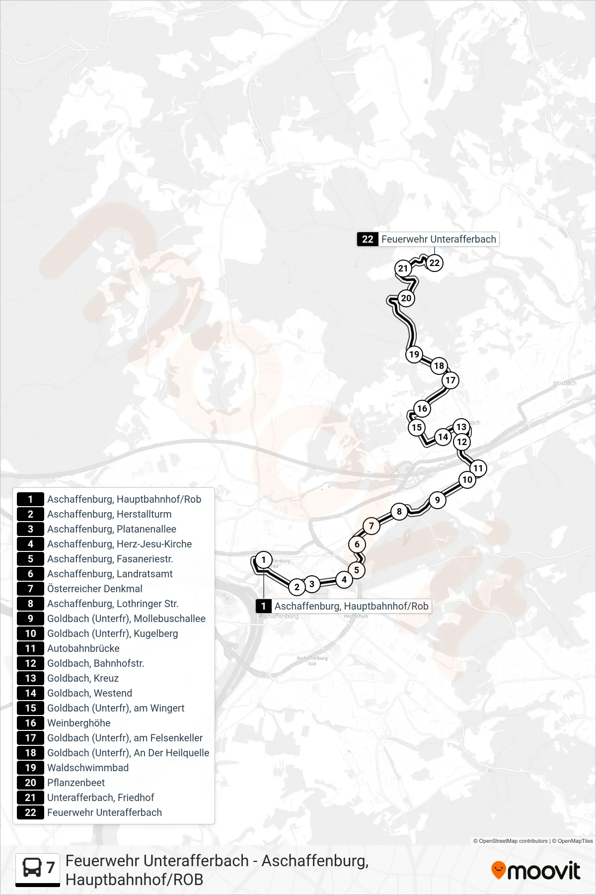 7 bus Line (Feuerwehr Unterafferbach) route and stops on a map