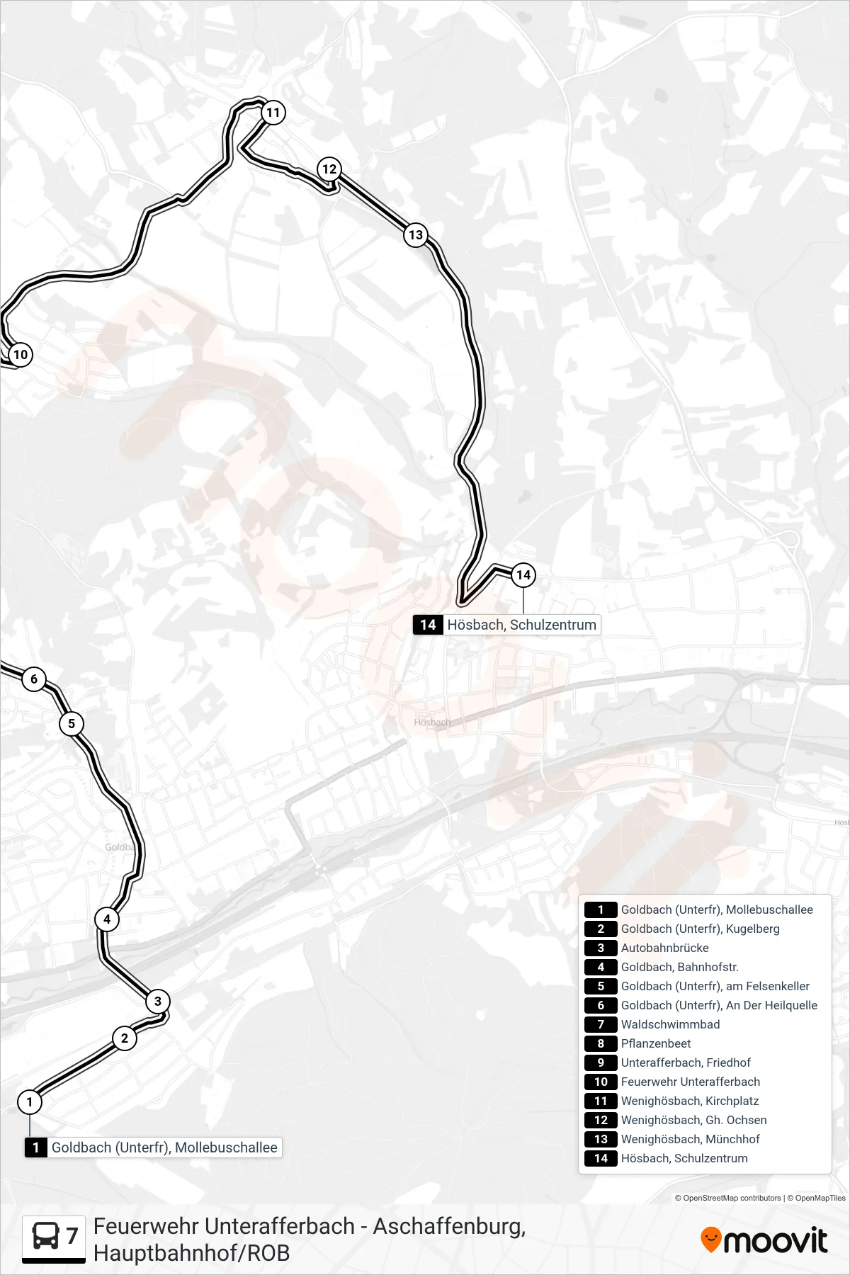 7 bus Line (Hösbach Sz) route and stops on a map