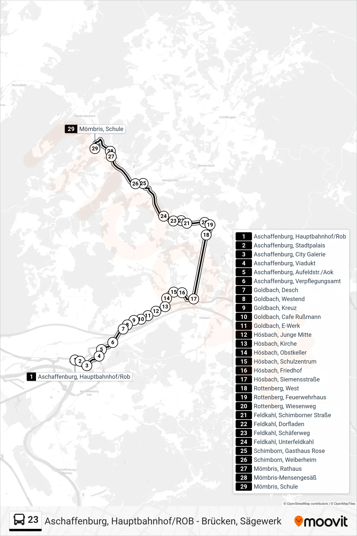23 bus Line (Mömbris; Üb. Rottenberg) route and stops on a map