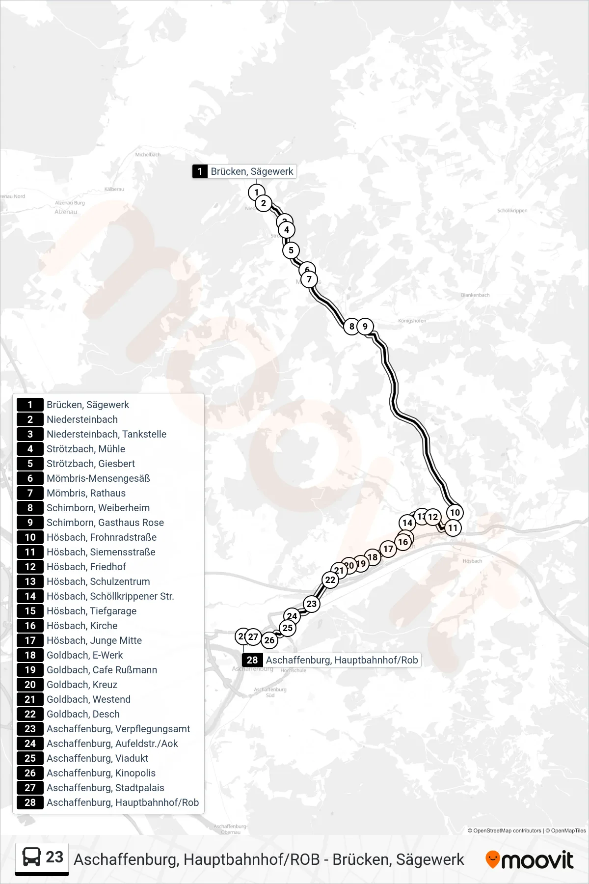 23 bus Line (Aschaffenburg, Hauptbahnhof/Rob) route and stops on a map
