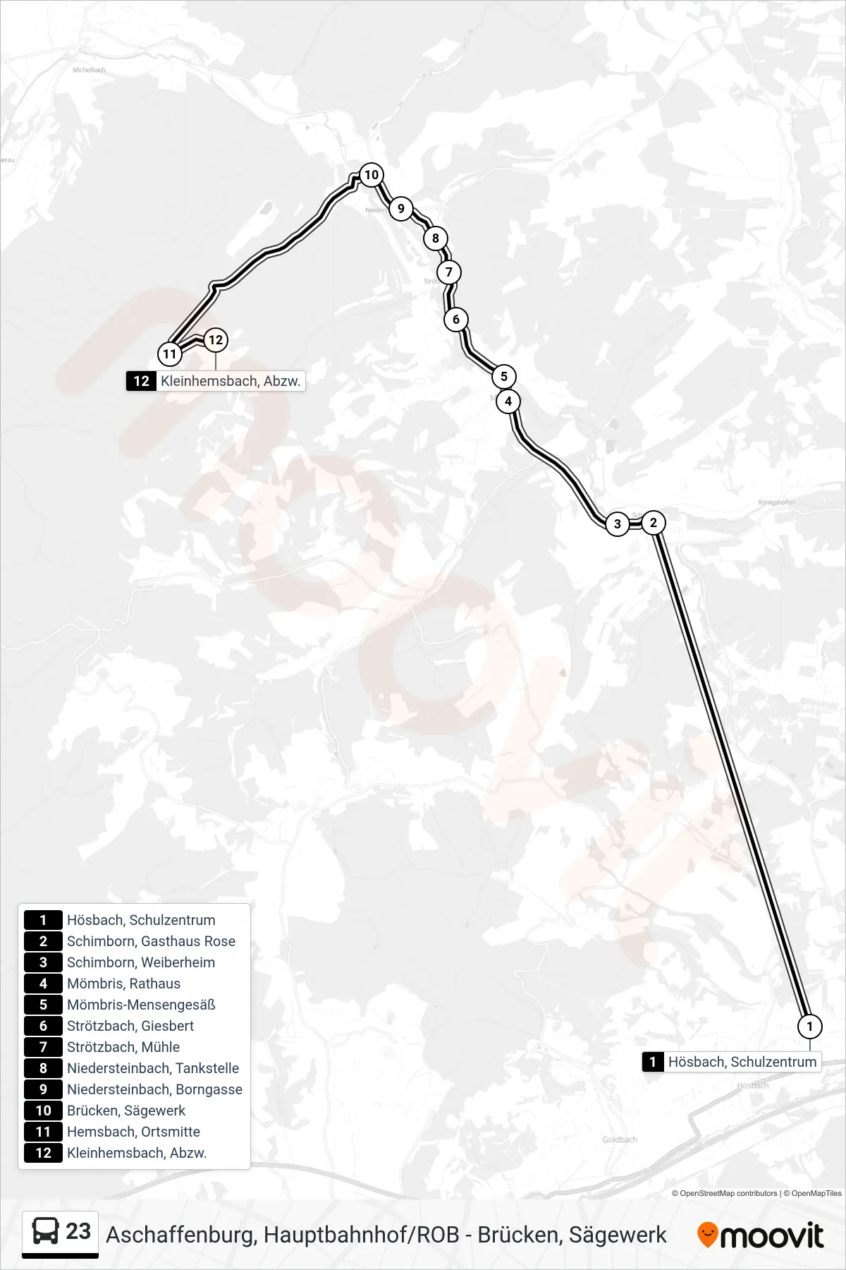 Linie 23 (Bus) Richtung Hemsbach: Route und Haltestellen auf der Karte