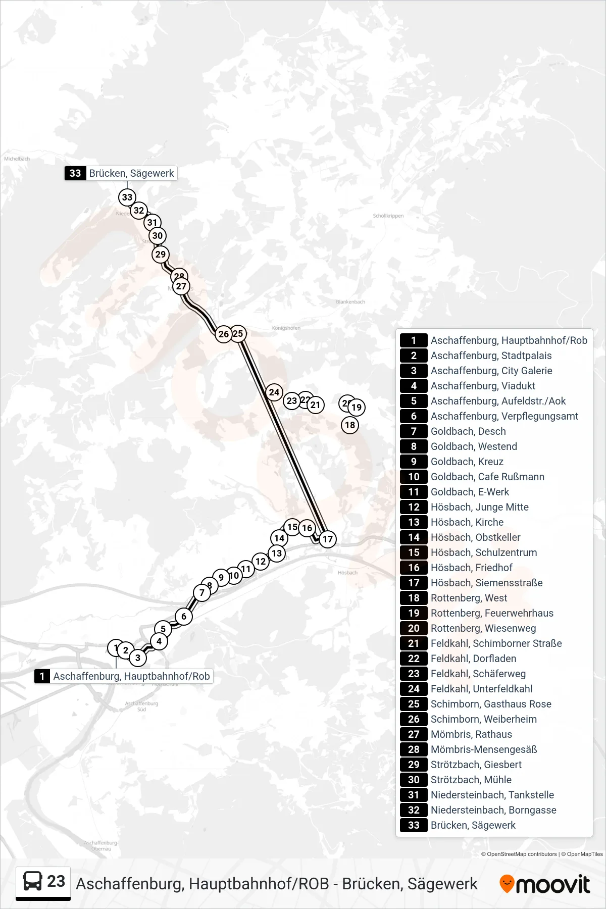 23 bus Line (Brücken, Sägewerk) route and stops on a map