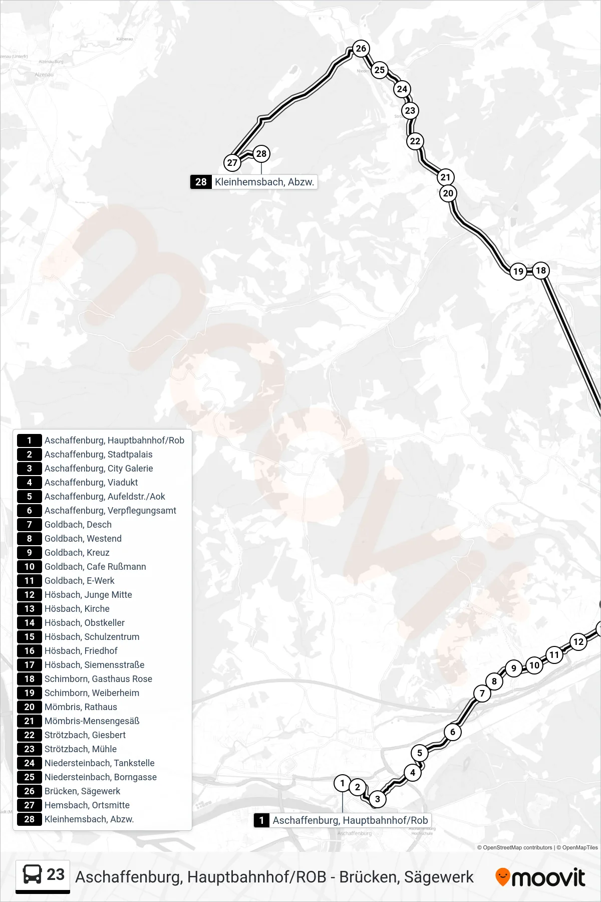 23 bus Line (Kleinhemsbach, Abzw.) route and stops on a map