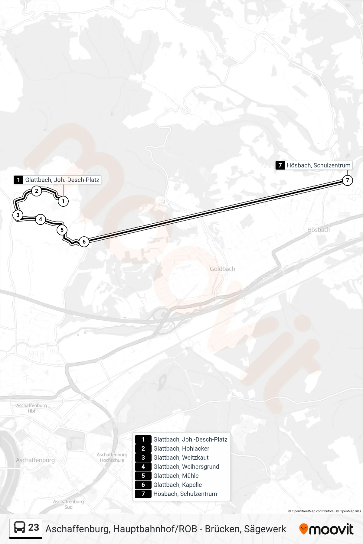 23 bus Line (Hösbach Sz) route and stops on a map