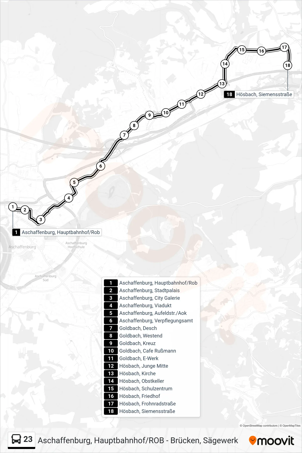 Linie 23 (Bus) Richtung Hösbach Siemensstr.: Route und Haltestellen auf der Karte