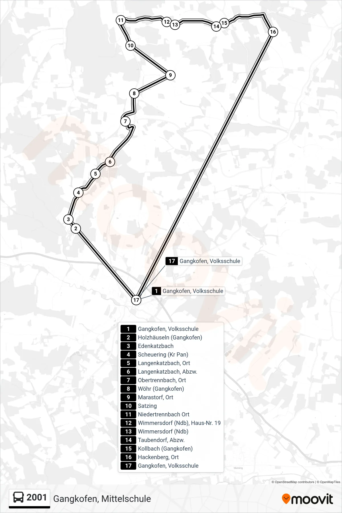 Linie 2001 (Bus) Richtung Gangkofen, Mittelschule: Route und Haltestellen auf der Karte