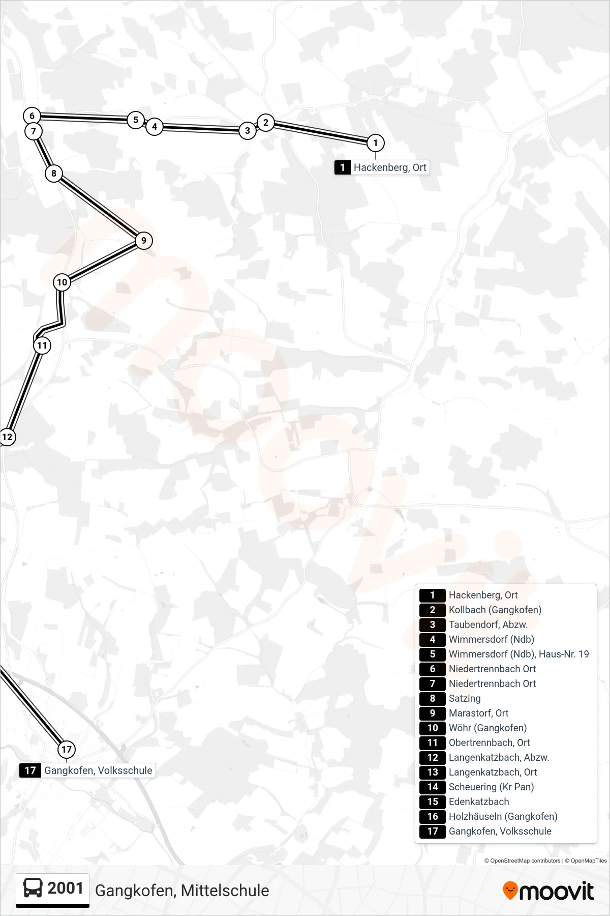 2001 bus Line (Gangkofen, Mittelschule) route and stops on a map