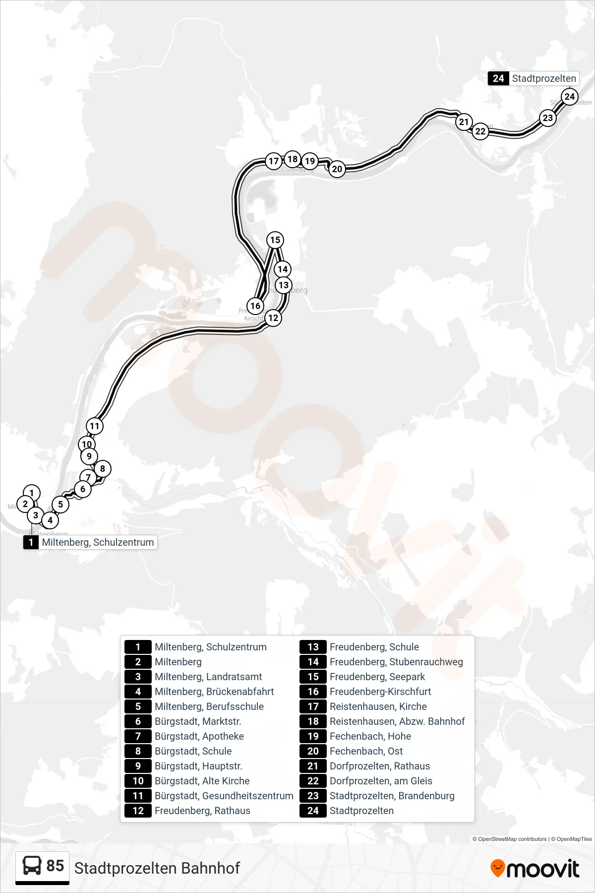 85 bus Line (Stadtprozelten Bahnhof) route and stops on a map