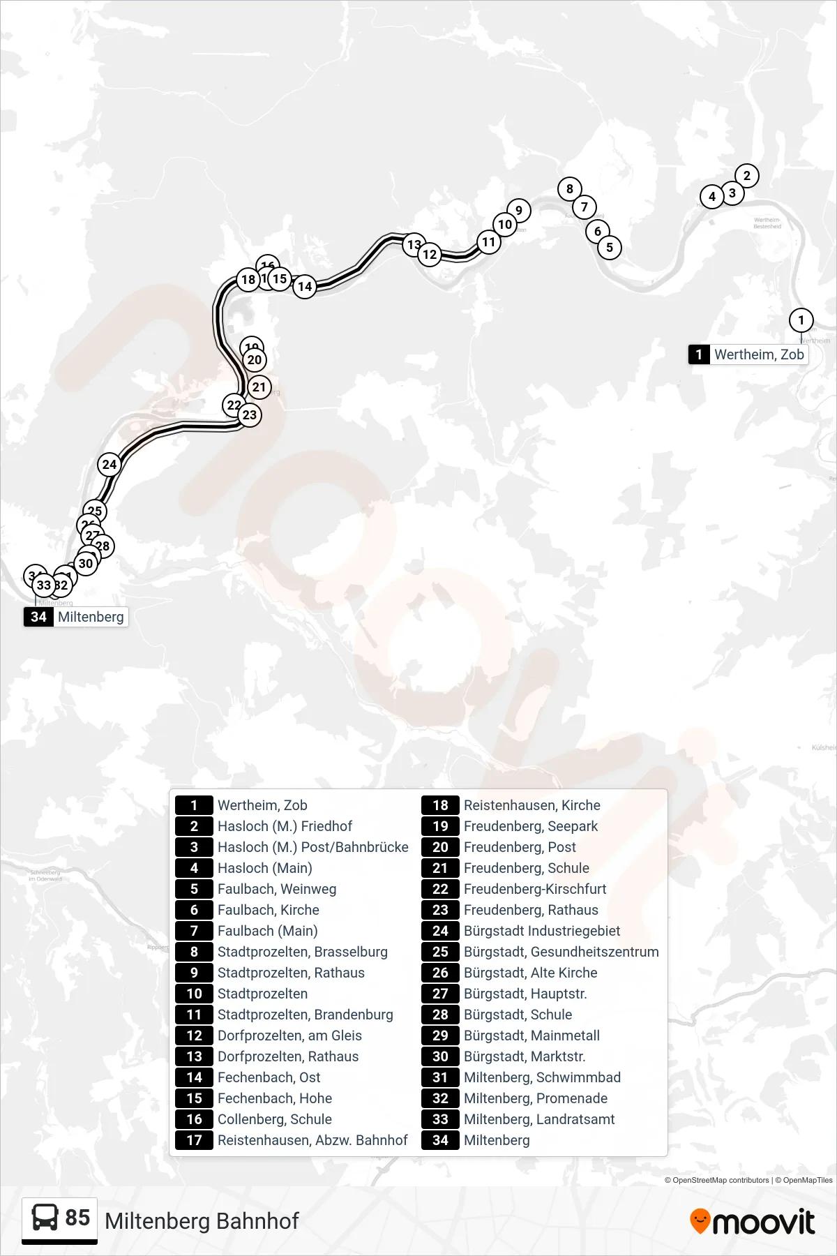 Linie 85 (Bus) Richtung Miltenberg Bahnhof: Route und Haltestellen auf der Karte
