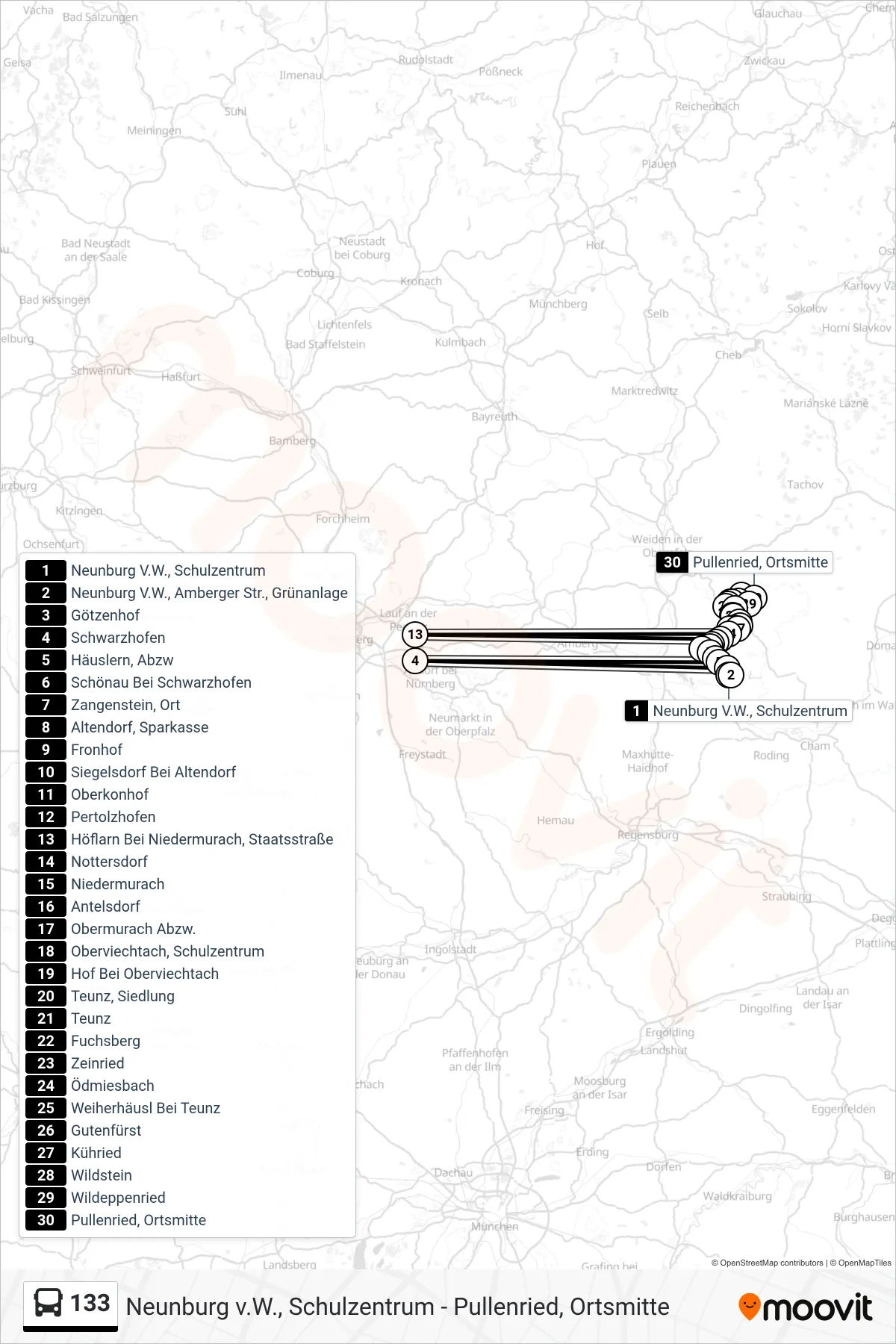 Linie 133 (Bus) Richtung Pullenried, Ortsmitte: Route und Haltestellen auf der Karte