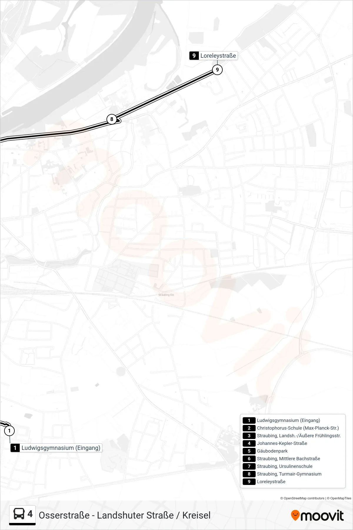 4 bus Line (Loreleystraße) route and stops on a map