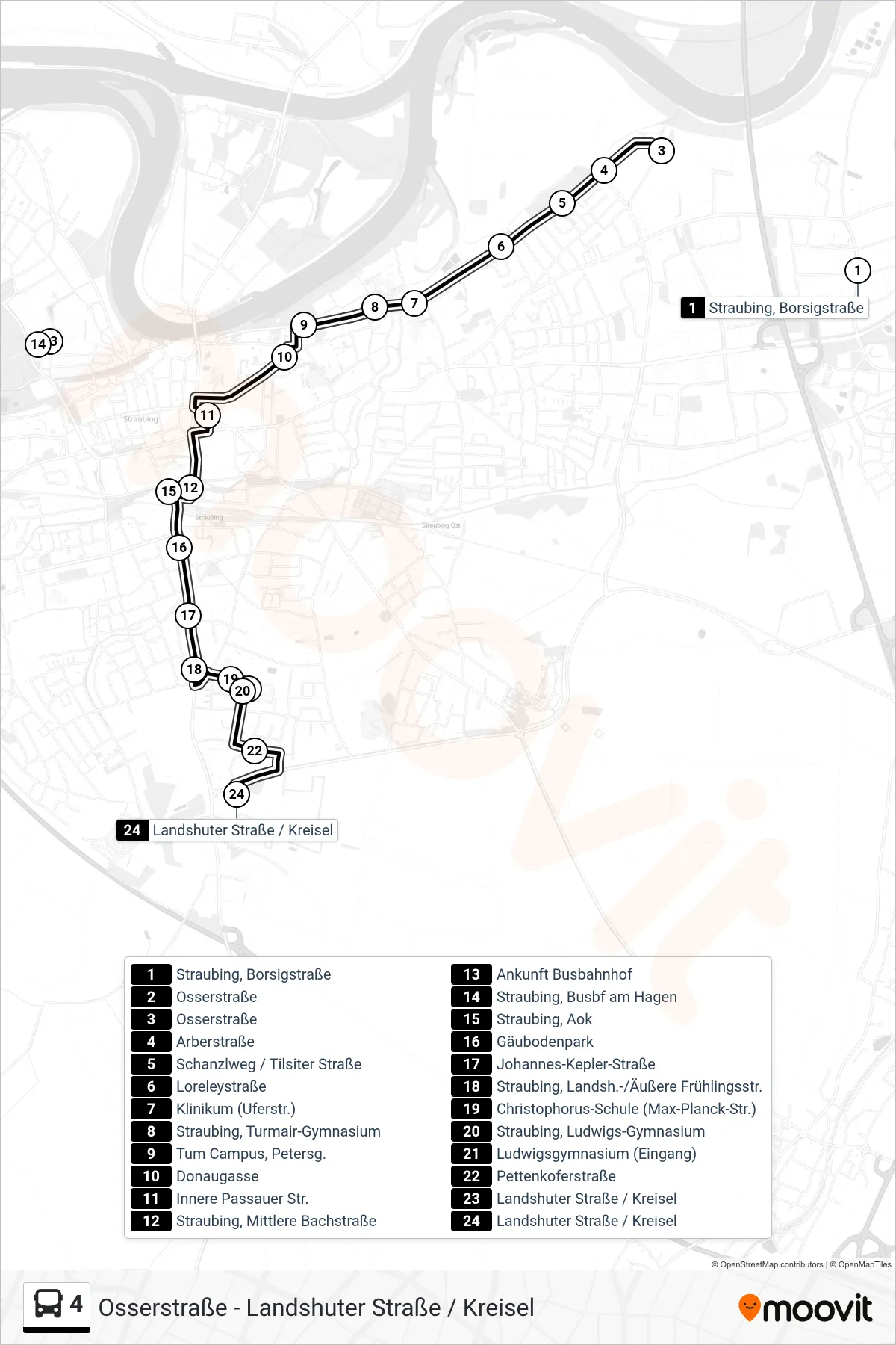 Linie 4 (Bus) Richtung Landshuter Straße / Kreisel: Route und Haltestellen auf der Karte
