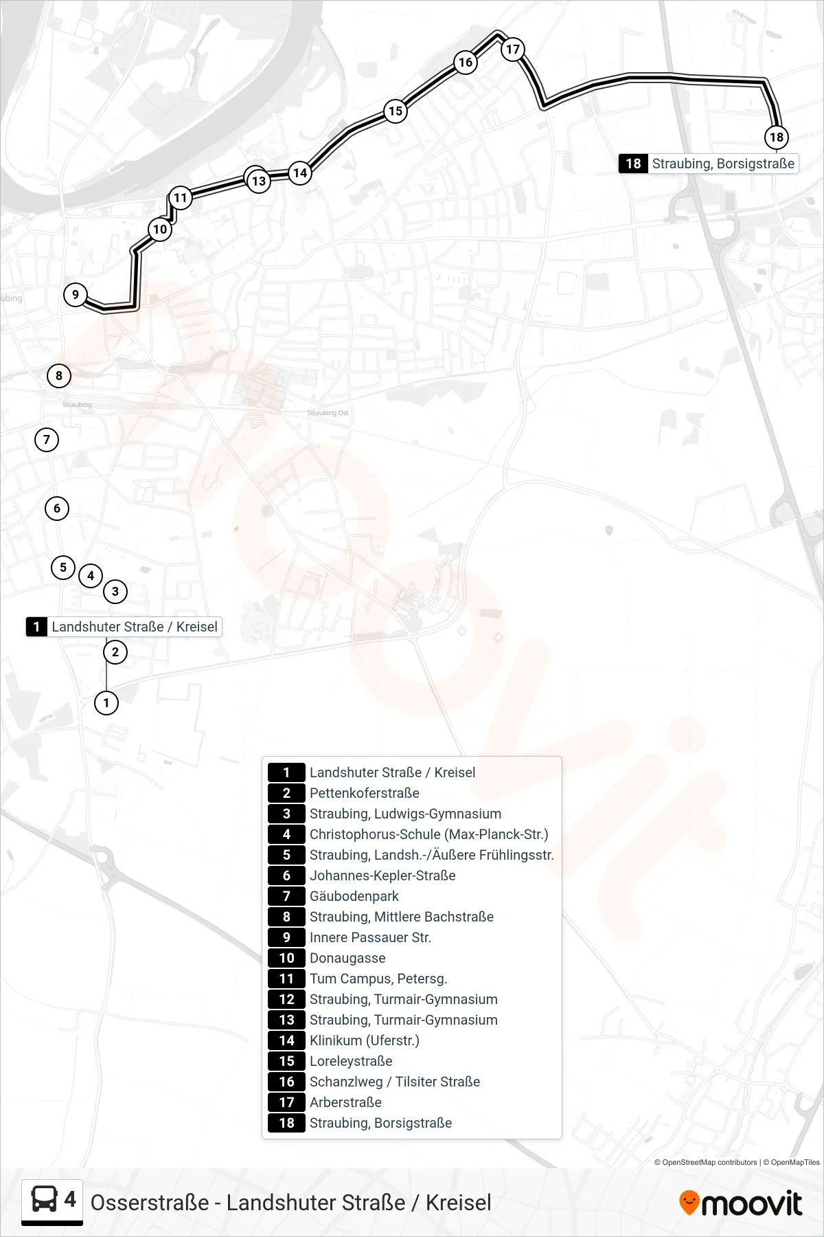 4 bus Line (Straubing, Borsigstraße) route and stops on a map