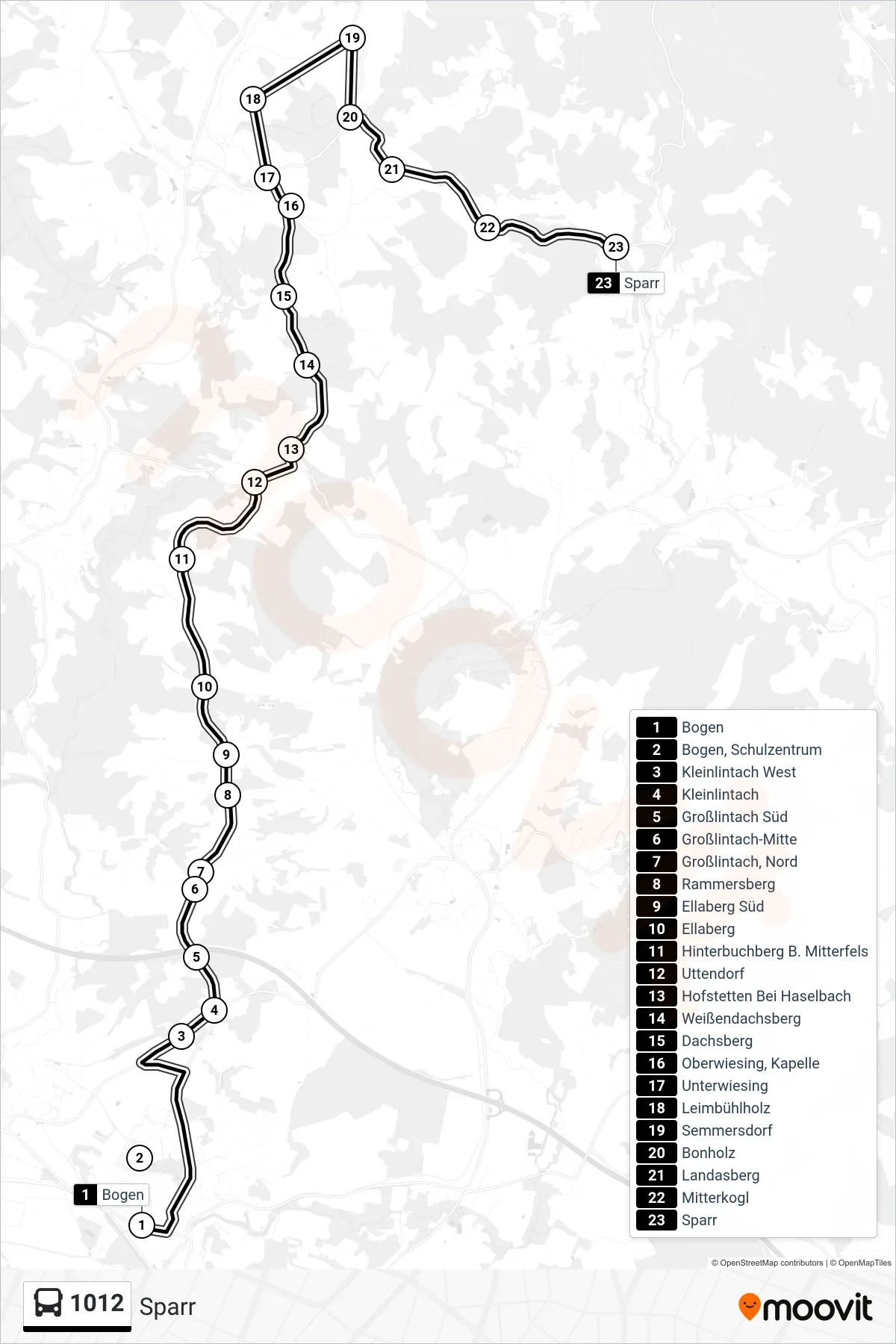 1012 bus Line (Sparr) route and stops on a map