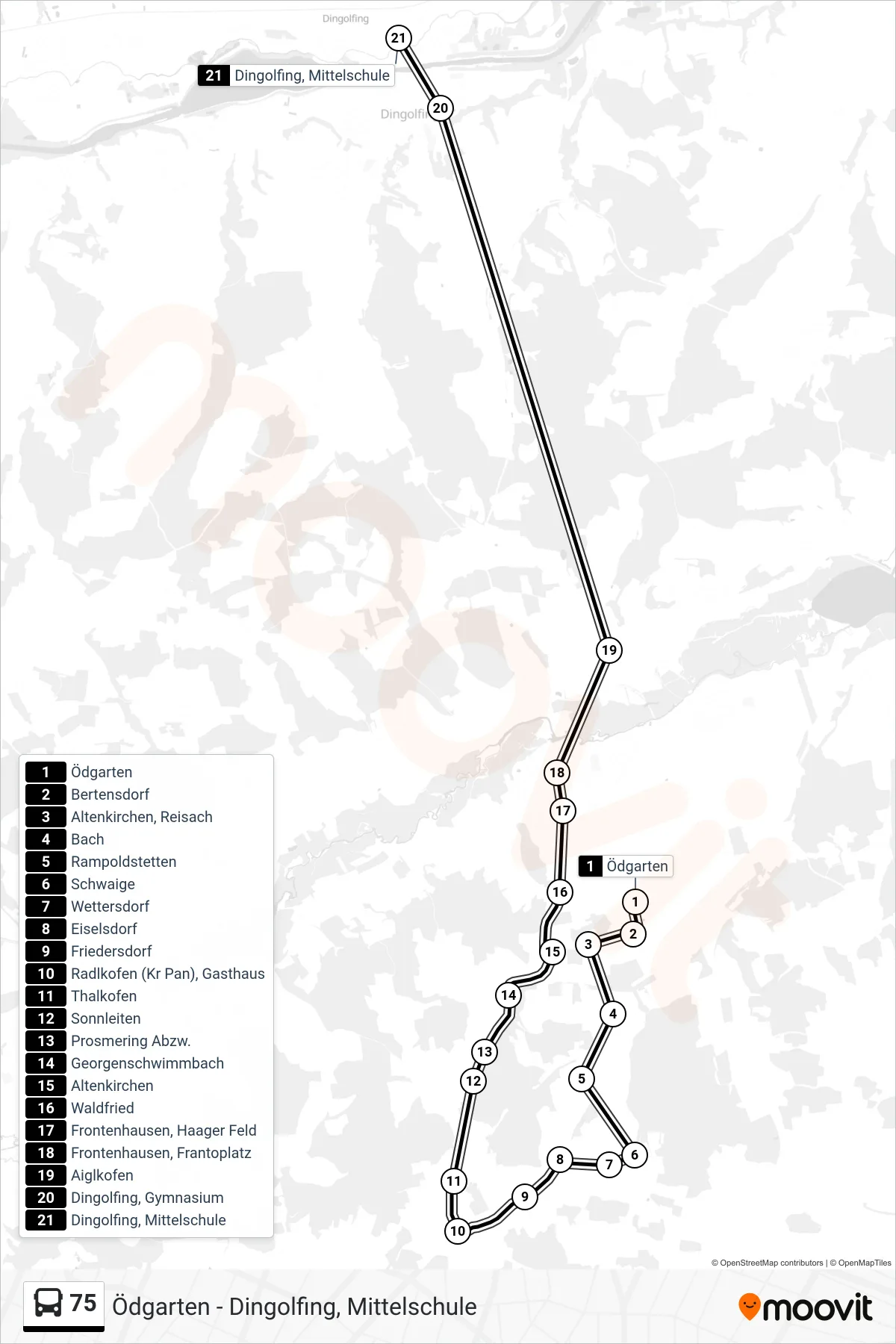 Linie 75 (Bus) Richtung Dingolfing, Mittelschule: Route und Haltestellen auf der Karte