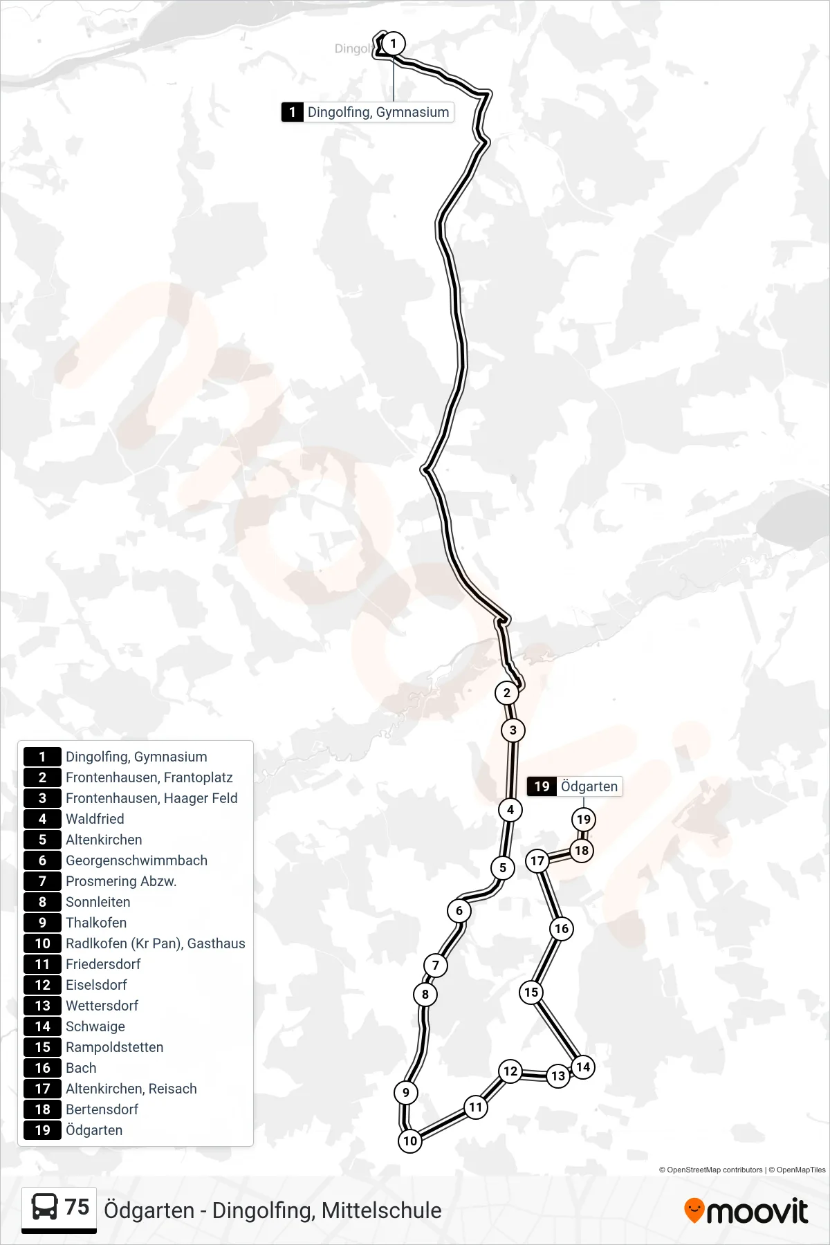 75 bus Line (Ödgarten Haltebucht) route and stops on a map