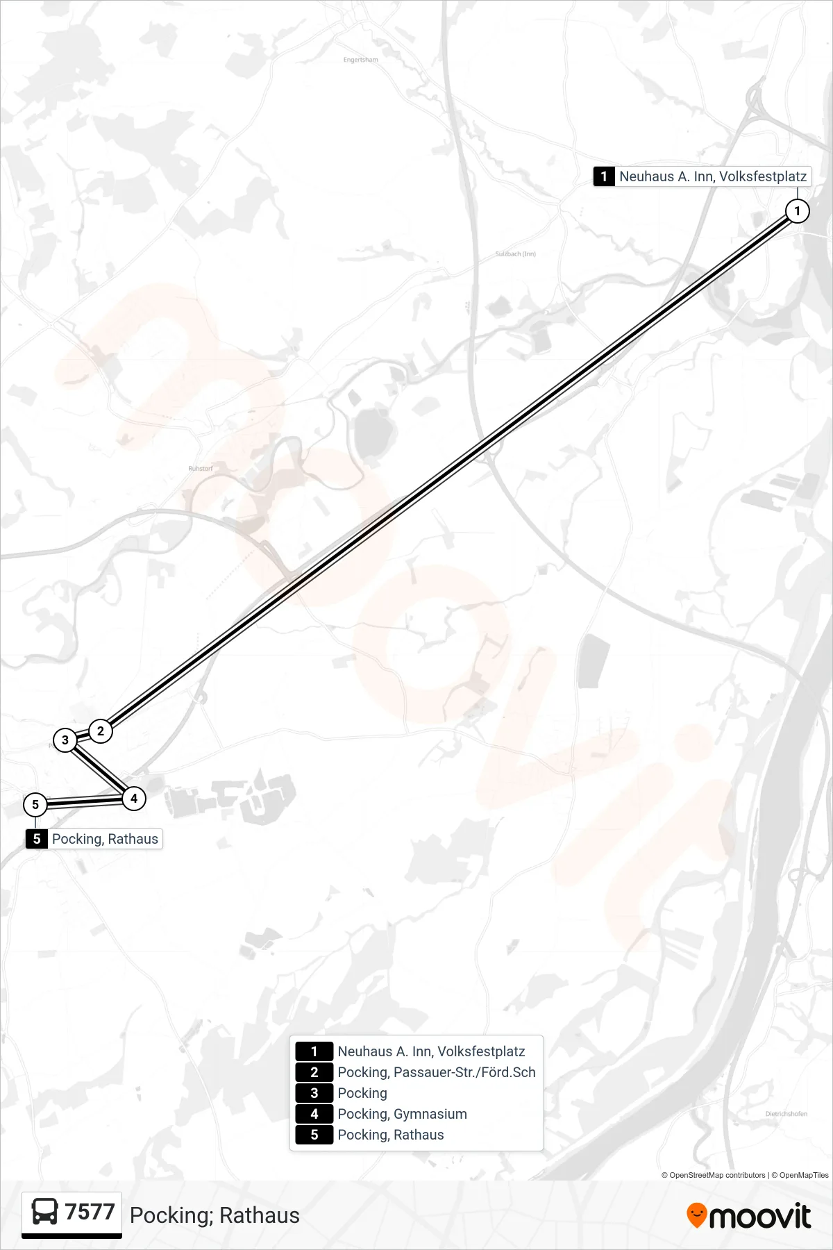 7577 bus Line (Pocking; Rathaus) route and stops on a map