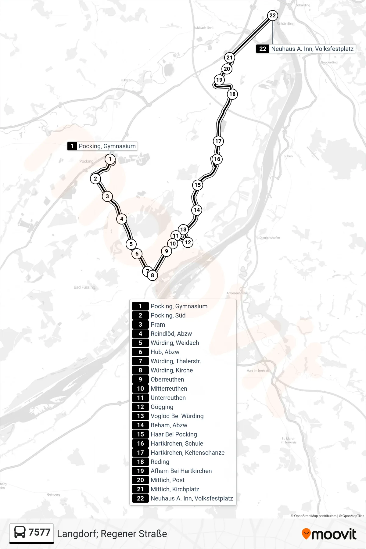 7577 bus Line (Langdorf; Regener Straße) route and stops on a map