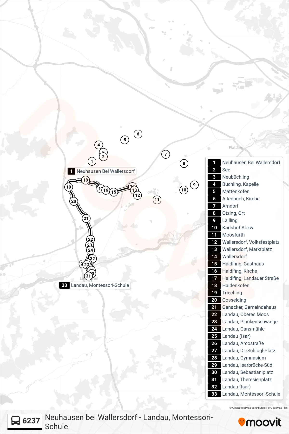 6237 bus Line (Landau/Isar) route and stops on a map