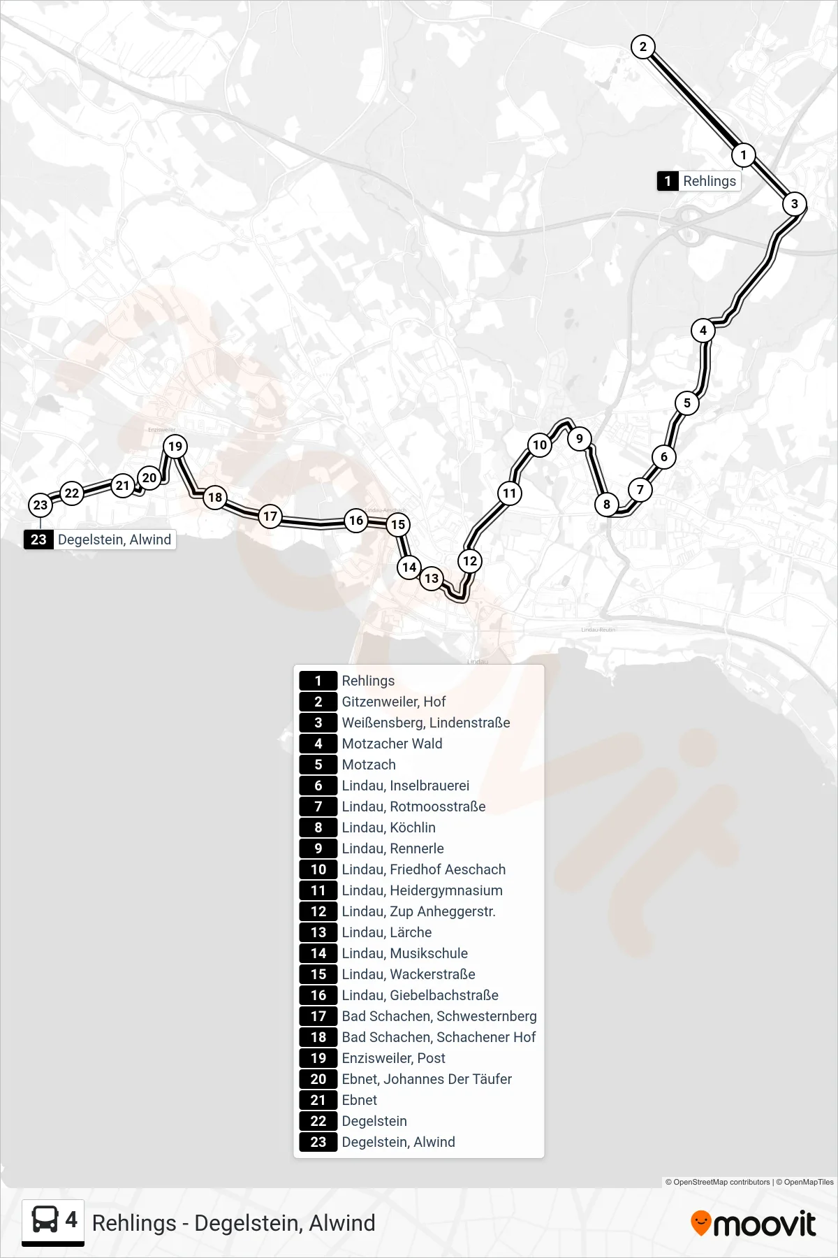 4 bus Line (Alwind) route and stops on a map